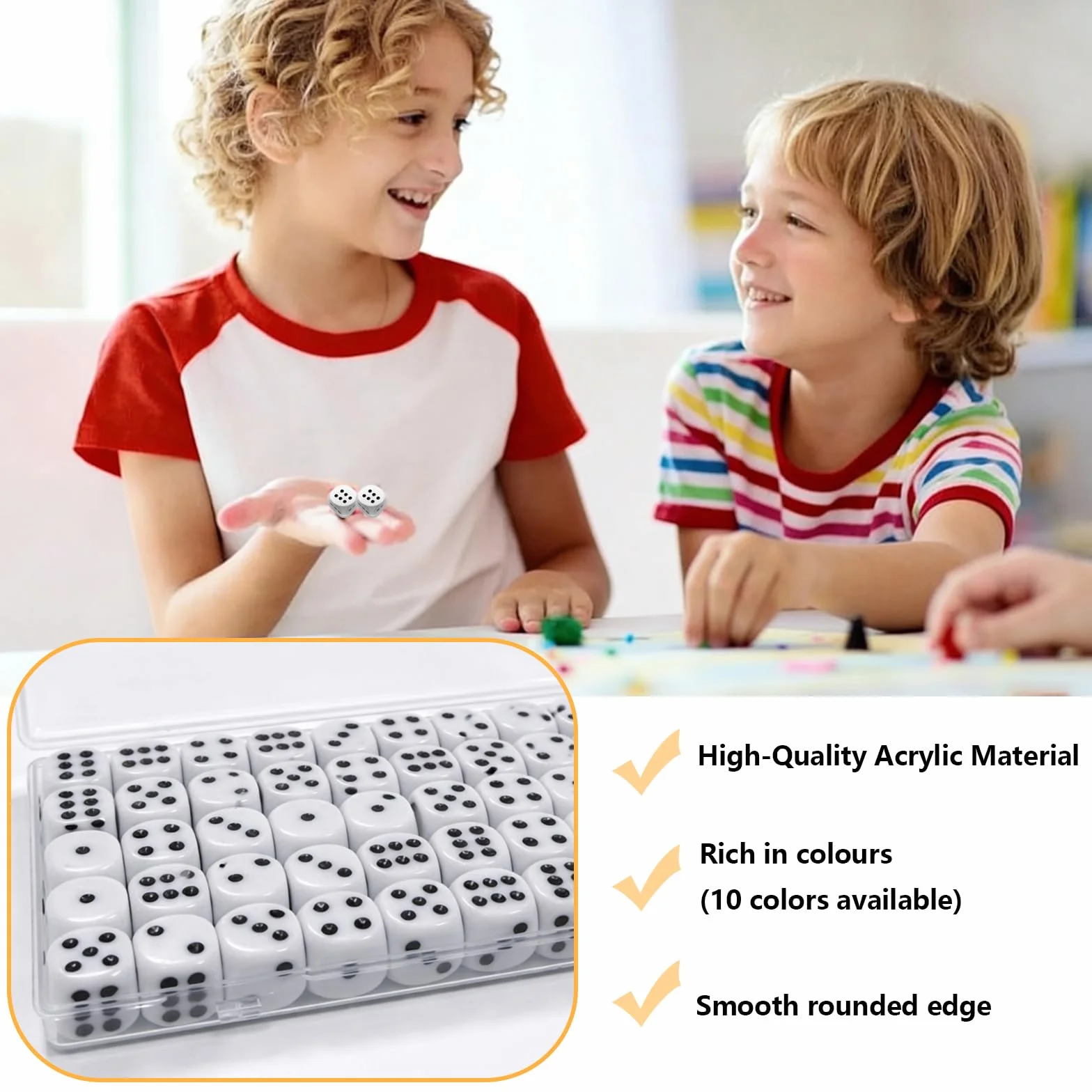 Set di 100 Dadi da Gioco 14mm, Dadi a 6 Facce Standard D6 in Acrilico, Ideale per Giochi da Tavolo e Didattica Matematica, Include 2 Scatole Contenitore Trasparenti (Bianco)