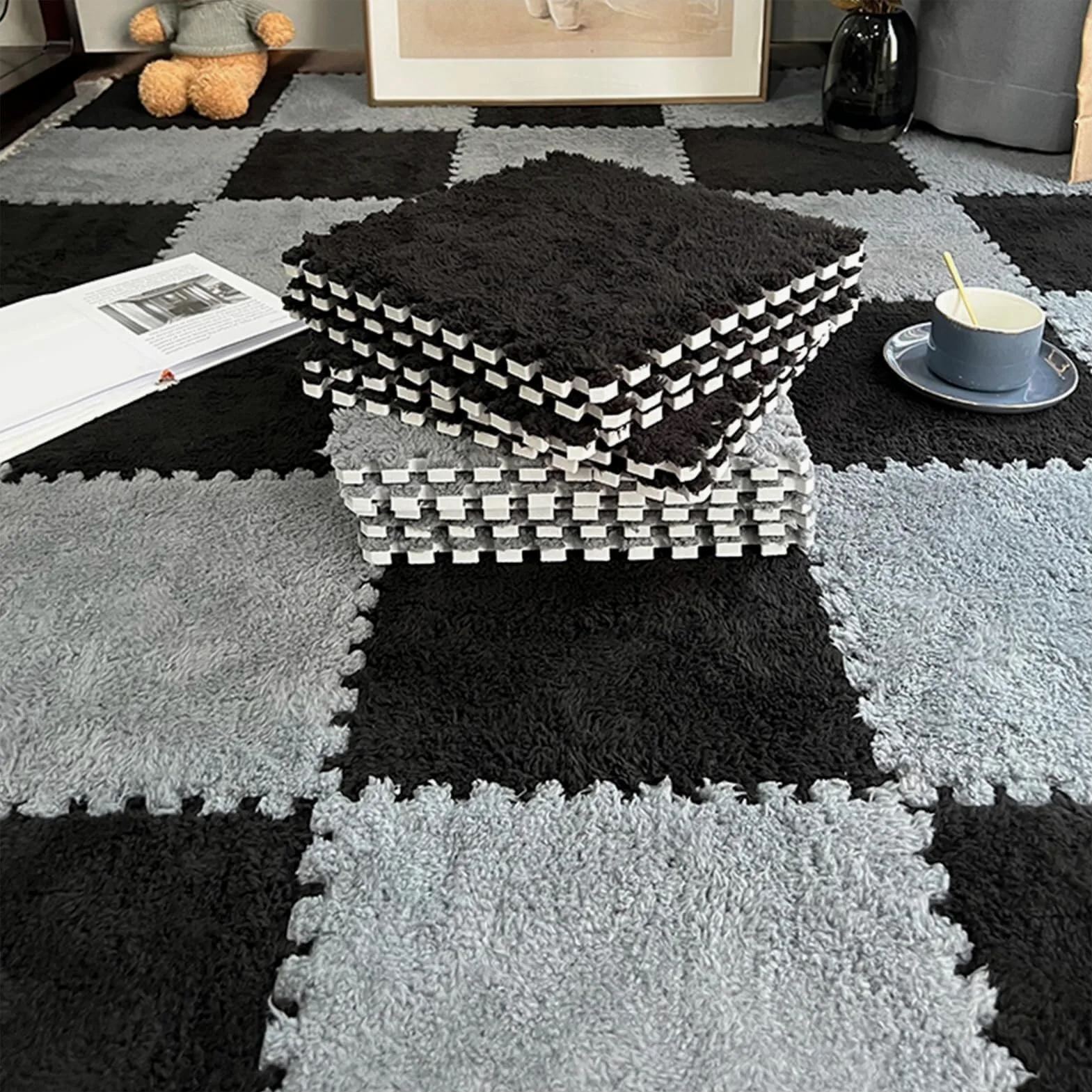 Piastrelle per tappeti in Schiuma ad Incastro da 30 Pezzi - Tappetini Puzzle Morbidi e Morbidi con Bordi per tappeti Fai da Te, Sale Giochi per Bambini, Pavimenti per Pal,#1-30x30x1cm