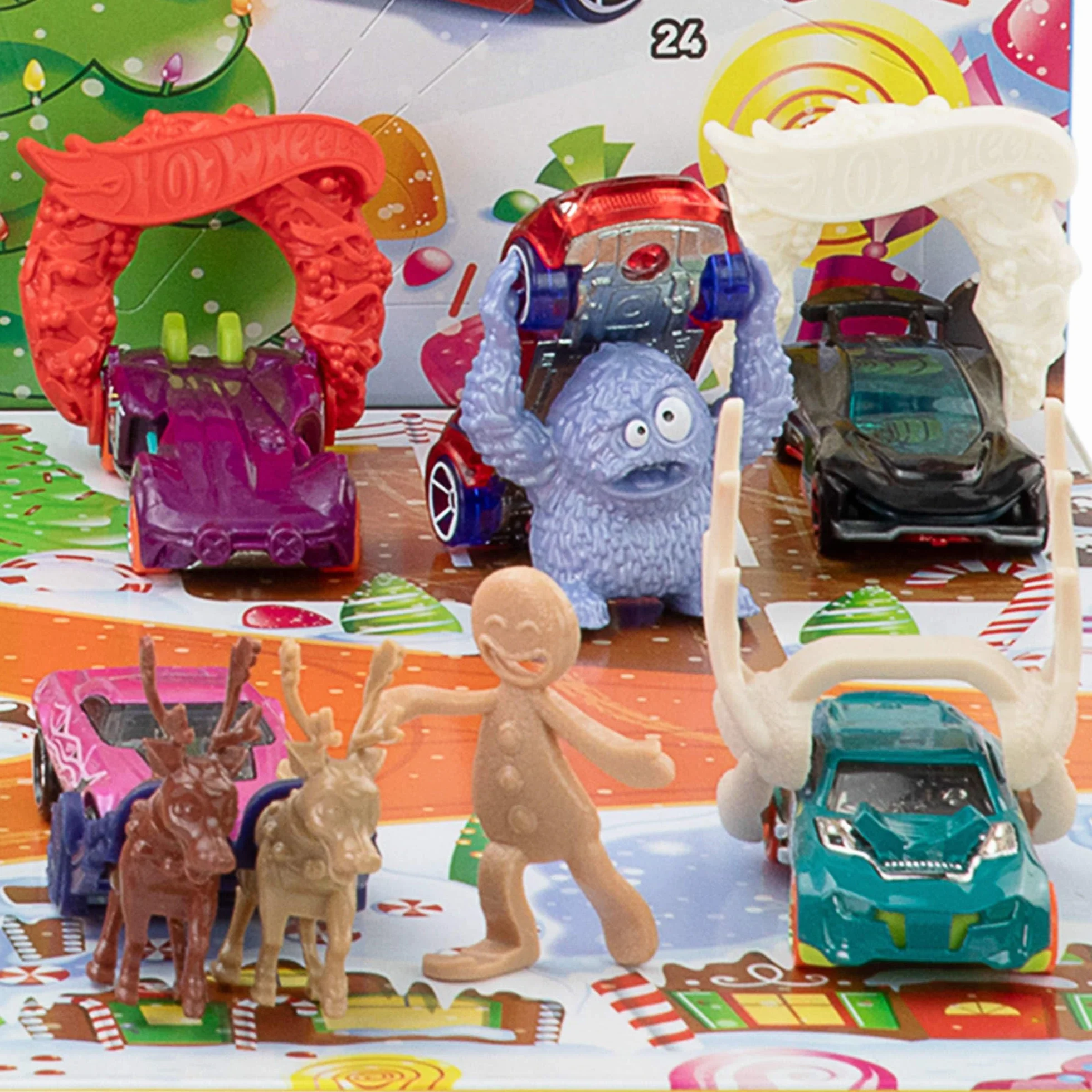 Hot Wheels - Calendario dell'Avvento 2025, 24 finestrelle numerate con sorprese a tema Natale, 10 macchinine, 10 clip e 14 accessori inclusi, giocattolo per bambini, 3+ anni, JCB47