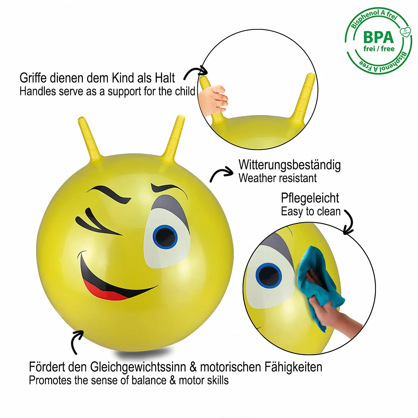 Jamara 460459 - Palla per saltare Eye giallo 550mm - Sviluppa equilibrio e capacitá motorie, Robusta, Resistente, Facile da riporre