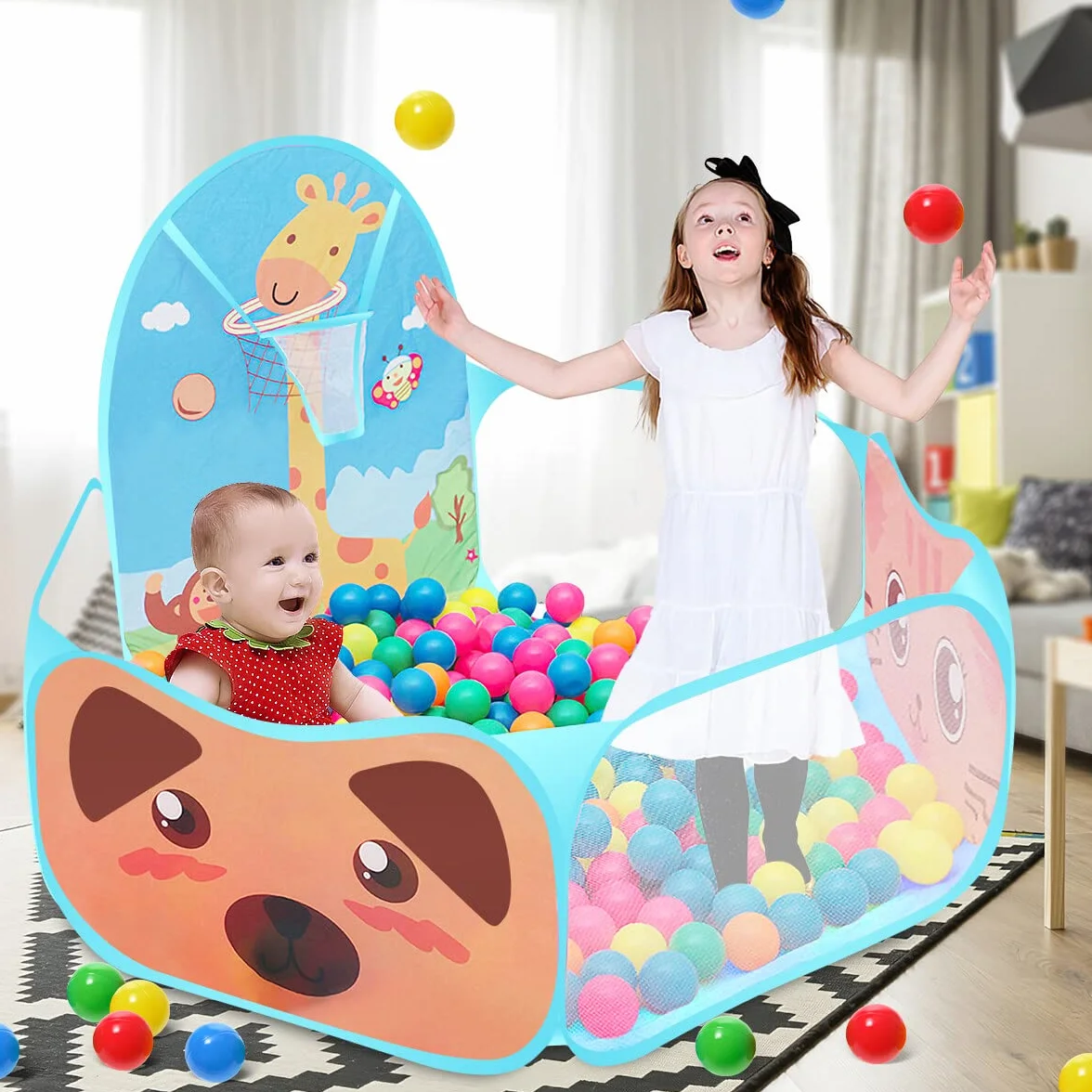 Tenda da gioco per bambini, automontante e pieghevole, con motivo stile cartone animati, con piscina per palline e canestro da basket per uso in ambienti interni ed esterni casetta per bambini