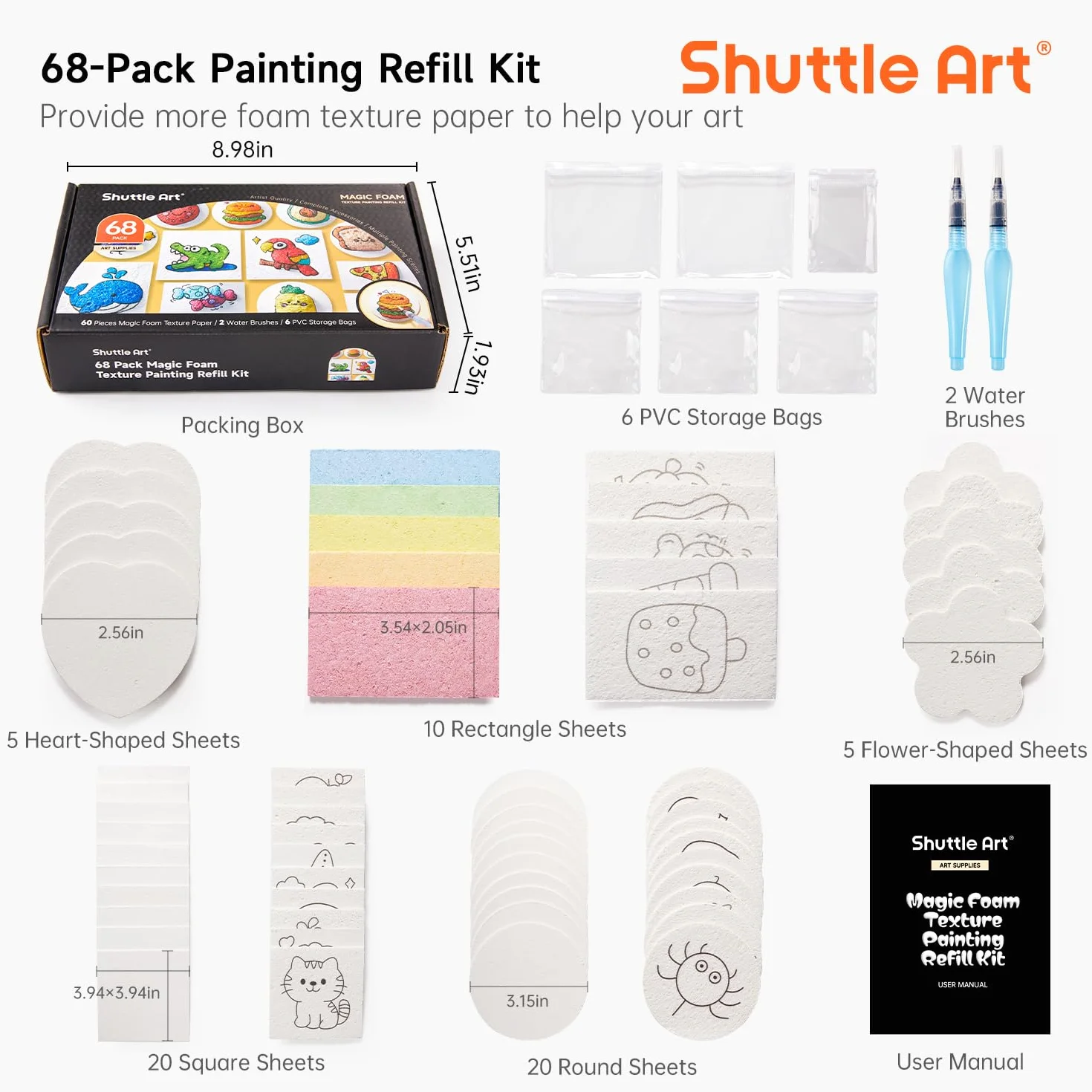 Shuttle Art Kit Pittura Magica Gonfiabile 66 Pezzi 3D con Spugna Texture 60 Fogli Carta Spugna
