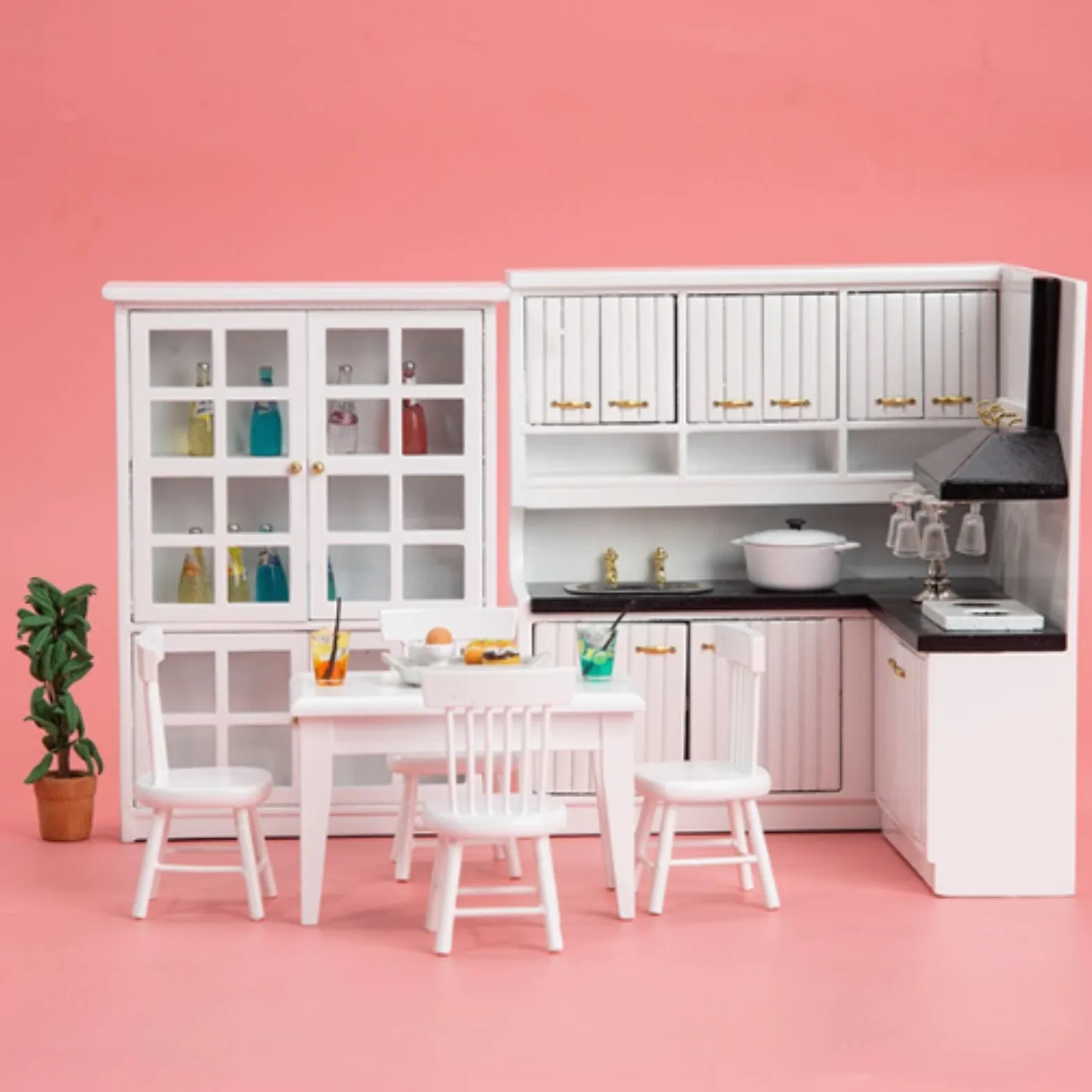 Mobili da Cucina in Miniatura Realistico Set di Mobili da Cucina Decorativo Set Pranzo in Miniatura per Collezionisti, Bambini, Casa delle Bambole, Bianco