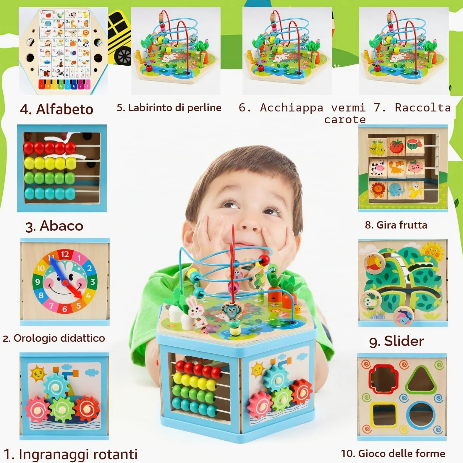 Jacootoys Cubo di attività in legno, 7 in 1, giocattolo educativo per bambini, bambini, ragazzi, ragazze
