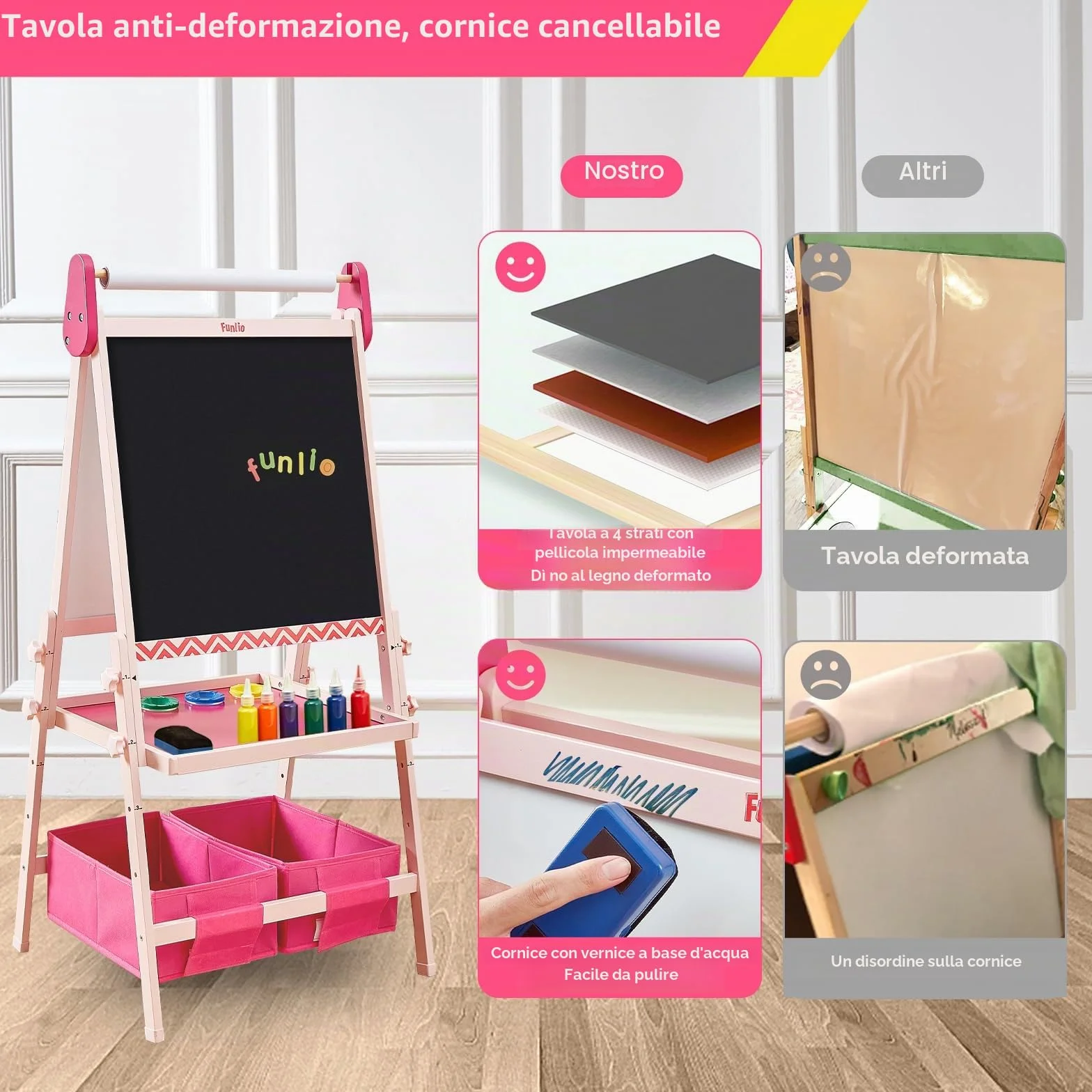 FUNLIO Lavagna per Bambini 3-8 Anni Regolabile con Cavalletto, Magnetica, Antiwarp, Rosa