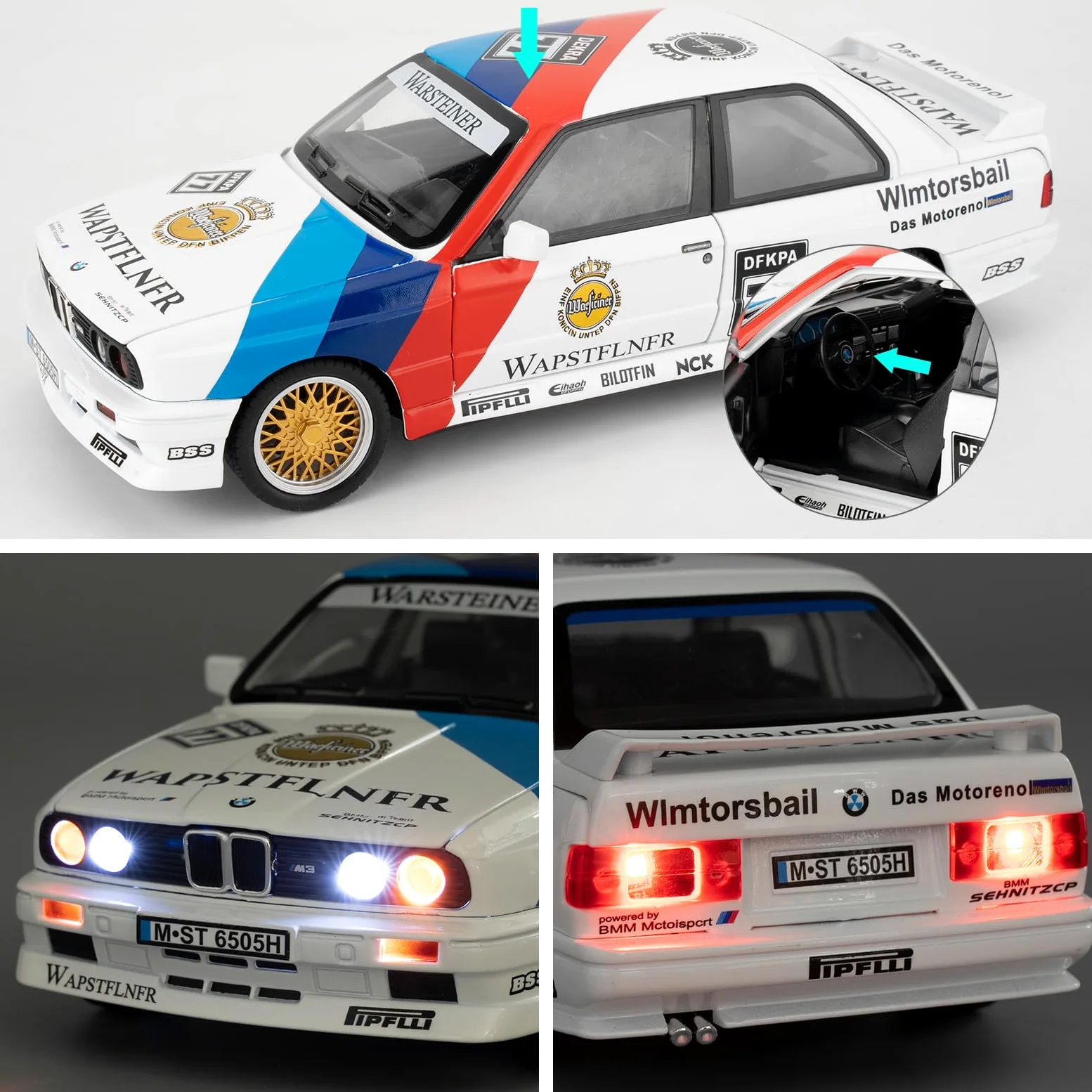 imtfzct Modellino auto 1/24 M3 in versione laccata, auto giocattolo in alluminio pressofuso con funzione audio e luce e funzione pull-back, modello da collezione, regalo per bambini (bianco)