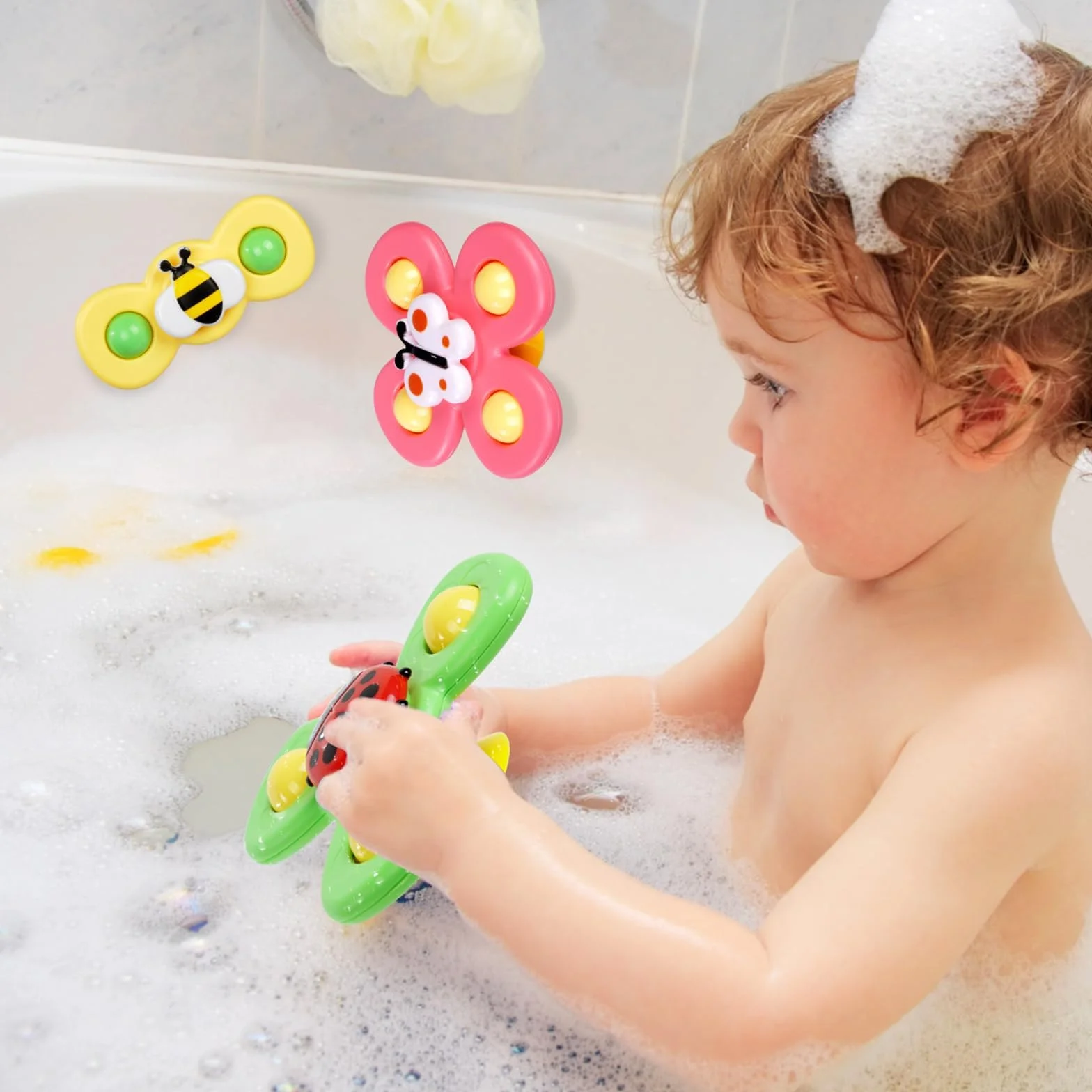 Ainiv Ventosa Spinner Top Giocattoli, 6PCS Ape Farfalla Coccinella ​Animali Simpatici Giocattoli per Il Bagno del Bambino, Ventose Girevoli Giocattoli per Bambini,Giocattoli Sensoriali per Bambini