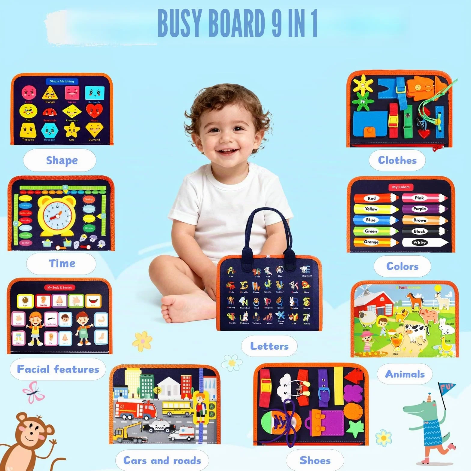 Busy Board Libro Montessori Interattivo Pannello Sensoriale Educativo Feltro Quiet Book Regalo Bambino 1-4 Anni