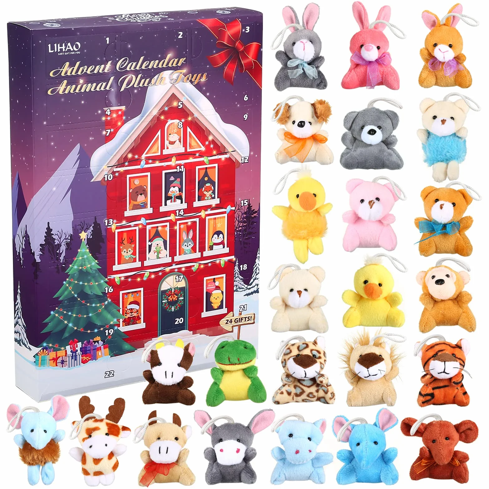 LIHAO Calendario dell'Avvento, 24pz MINI Giocattoli di Animali Peluche Regali Natale per Bambini