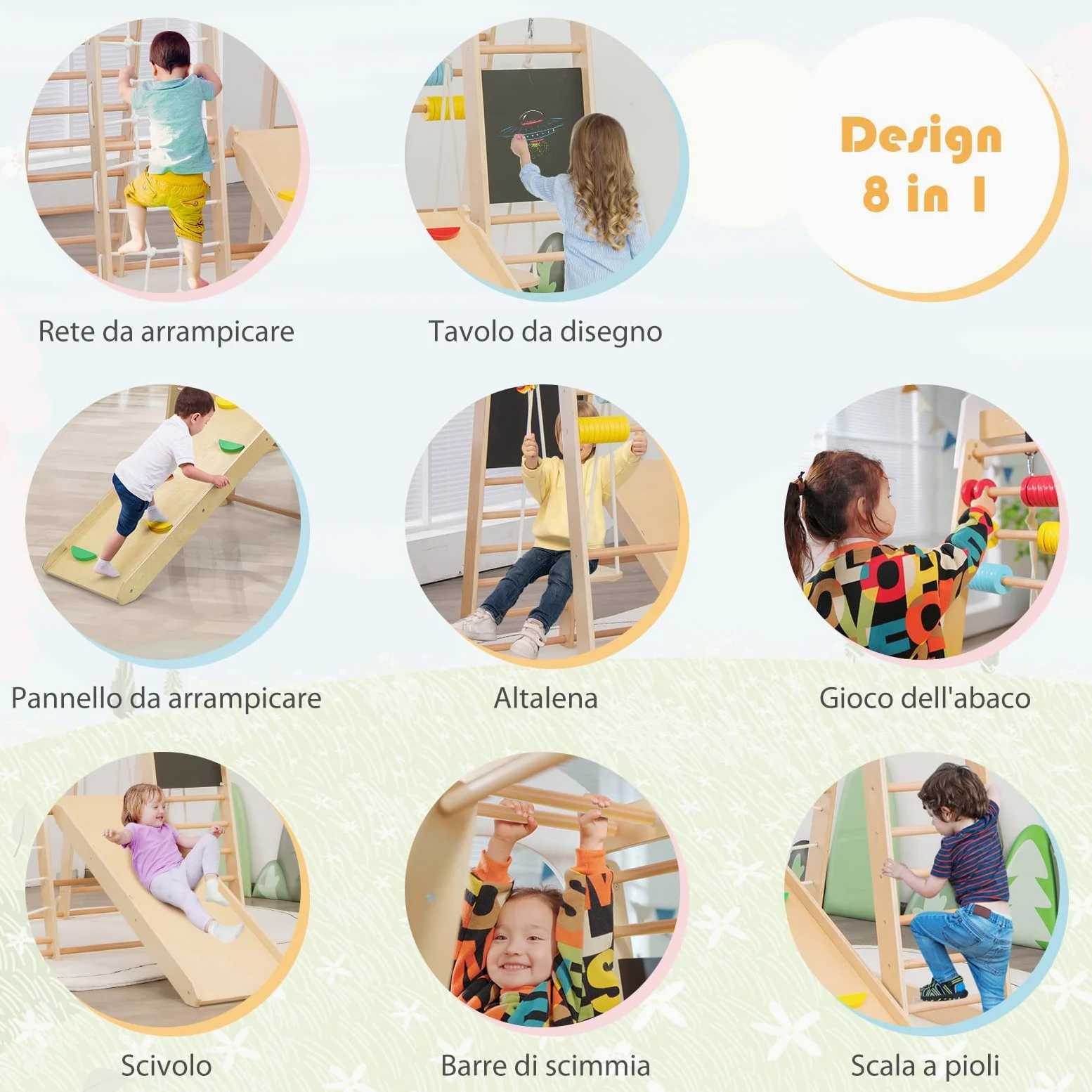 RELAX4LIFE 8 in 1 Triangolo da Arrampicata Multifunzione, Parco Giochi in legno Massello con Scivolo, Altalena e Lavagna, Uso Interno, per Bambini 1 a 5 anni (Modello 3 Colorato)