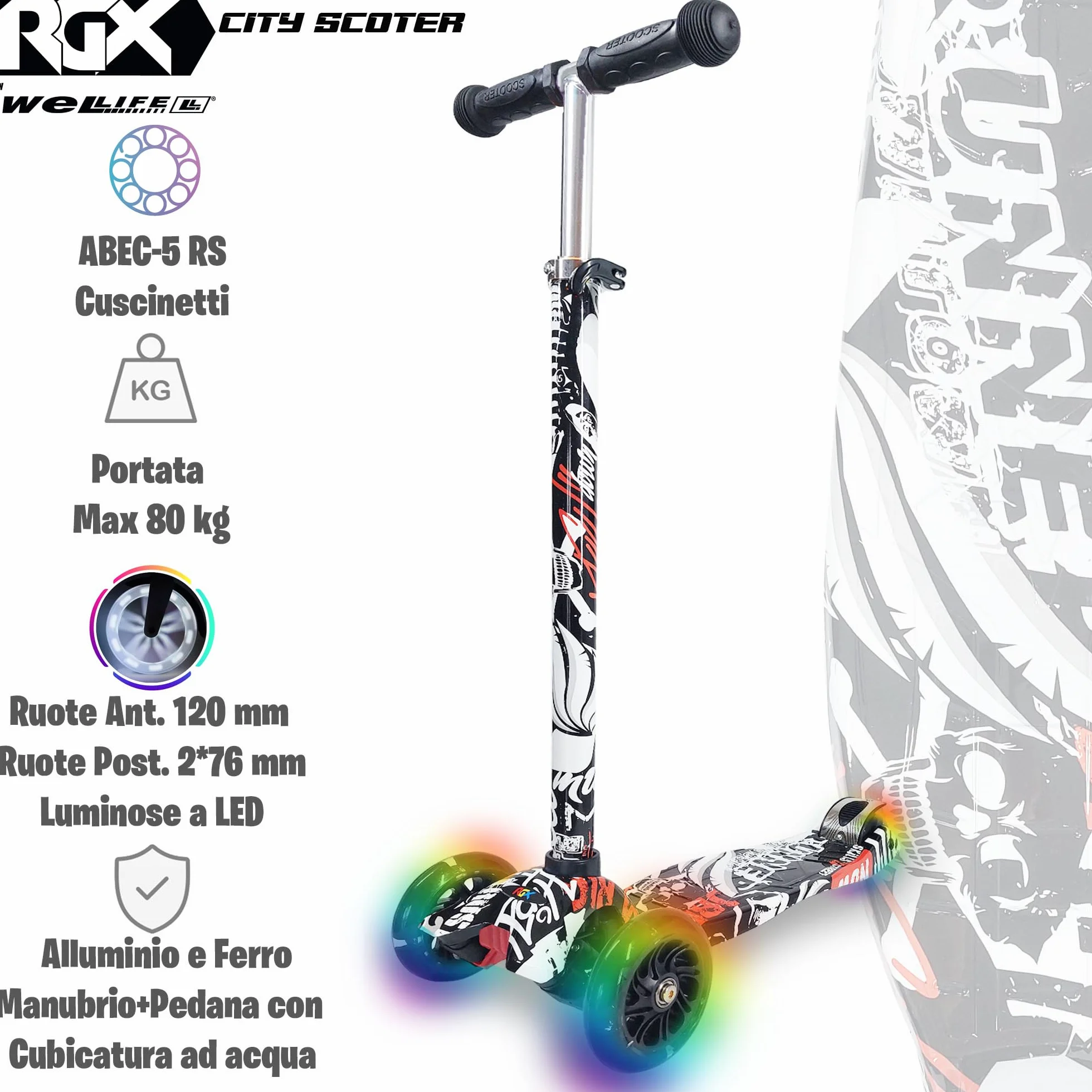 WeLLIFE Monopattino per Bambini 3-12 Anni 3 Ruote Luminose LED Regolabile in Altezza