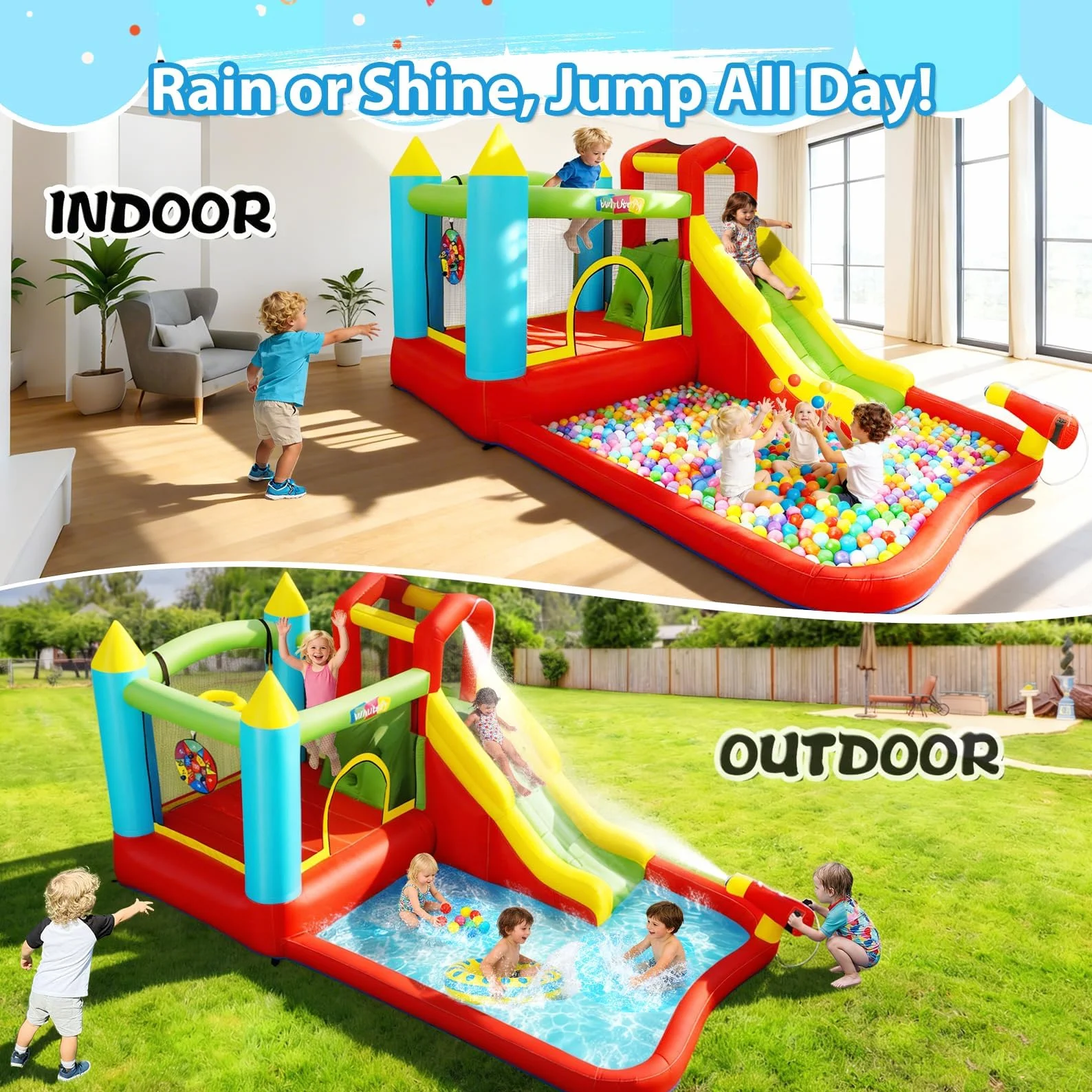 Castello gonfiabile per bambini,Con Scivolo,Castello d’Acqua Set, Trampolino, Piscina e Canestro da Basket, ottimo regalo per la festa in giardino nel parco acquatico, con ventilatore