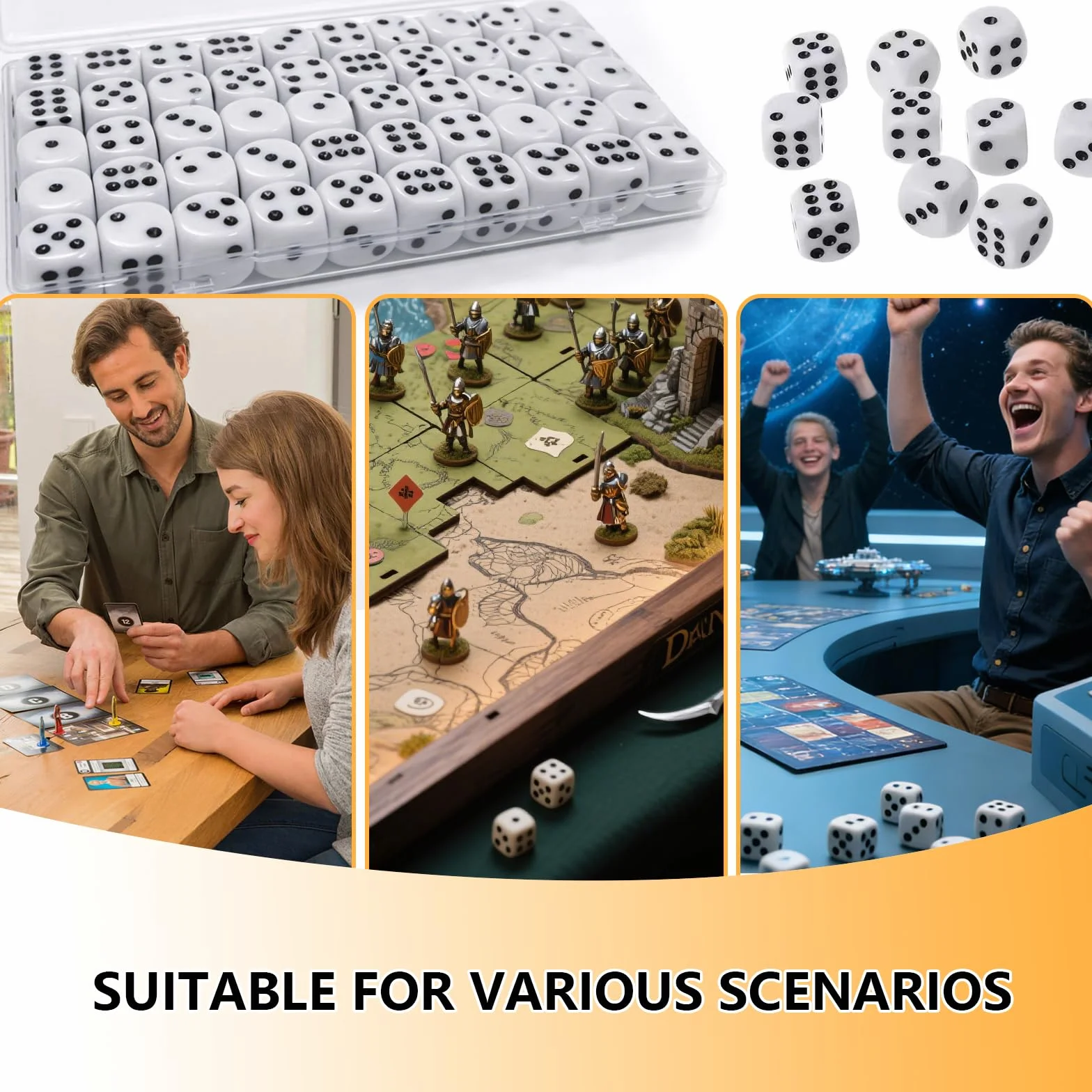 Set di 100 Dadi da Gioco 14mm, Dadi a 6 Facce Standard D6 in Acrilico, Ideale per Giochi da Tavolo e Didattica Matematica, Include 2 Scatole Contenitore Trasparenti (Bianco)