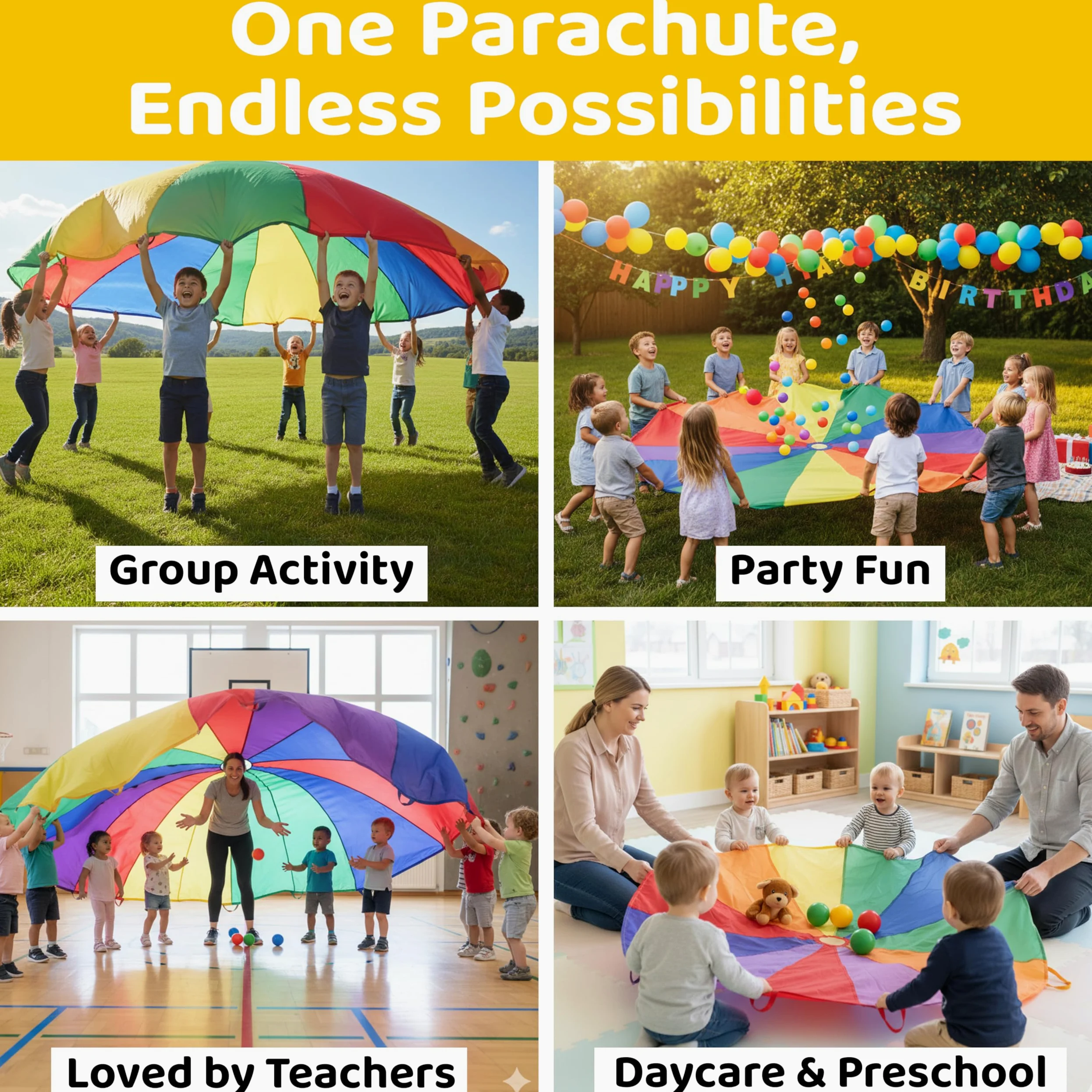 GSI Kids Play Paracadute Arcobaleno Paracadute Giocattolo Tenda Gioco per Bambini Ginnastica Cooperativa Giochi e Attività Parco Giochi All'aperto