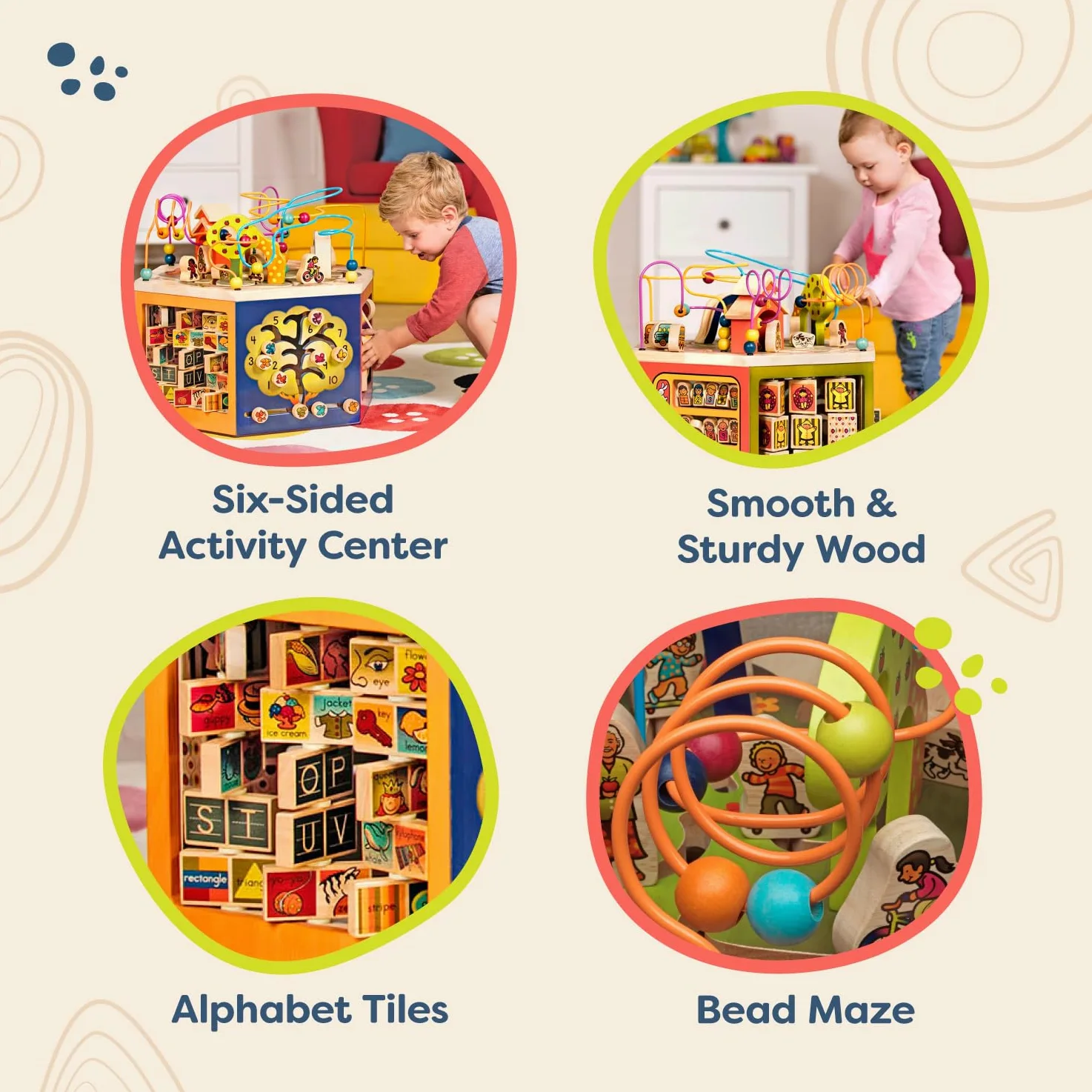 B. toys Youniversity, cubo attività in Legno con 6 Lati di Gioco | Centro attività con 6 lati di gioco, alfabeto, numeri, forme, perline e percorsi; struttura in legno massello; 1+ anni