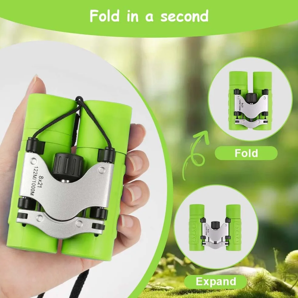 OSDUE Binocolo per Bambini, 8x21 Ingrandimento Binocolo,Portatile Bambini Binocolos, Kit Esploratore Cannocchiale per 3-6 Bambino Bambina con Bussola e Lente D'Ingrandimento, per Bird Watching (Verde)