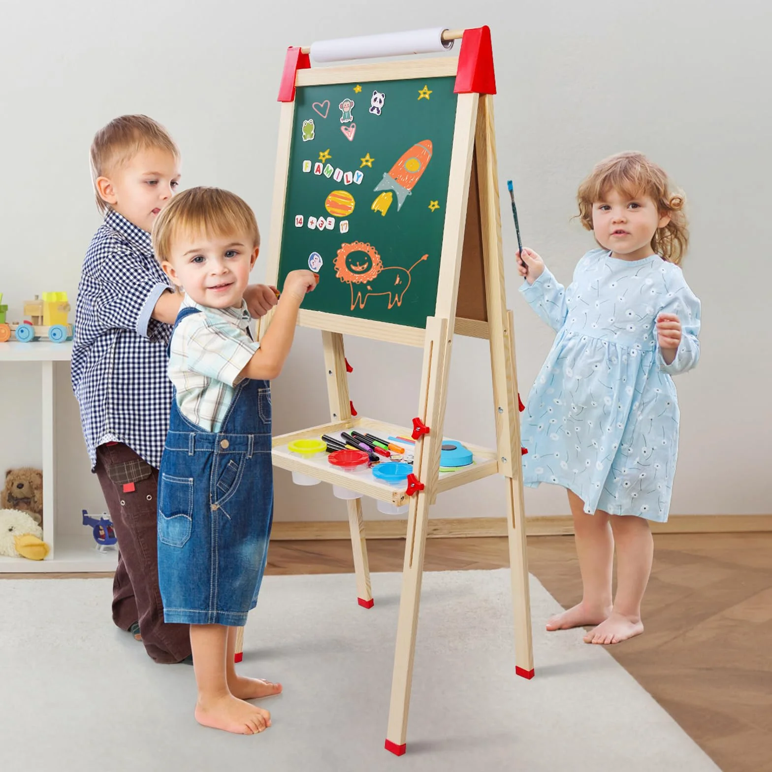 Cavalletto per Bambini in Legno Lavagna Doppia Faccia con Supporto per Rotoli