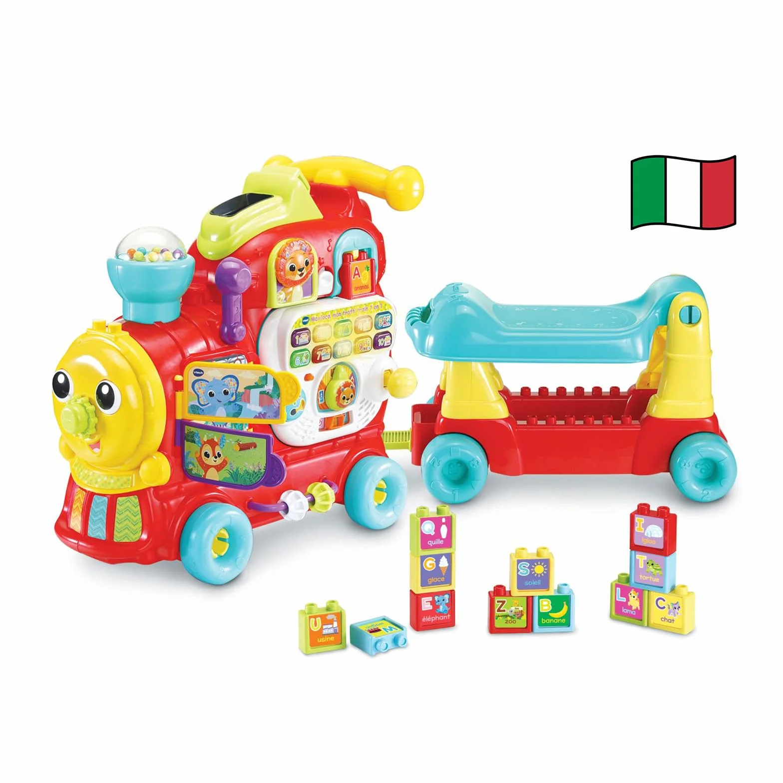 VTech Edo, Maxi Treno Cavalcabile, Trenino Elettrico e Giocattolo Multiattività 7 in 1, Gioco Forme con Oltre 270 Suoni, Melodie e Blocchi Educativi, Lingua Italiana, Batterie Incluse, 12-36 Mesi