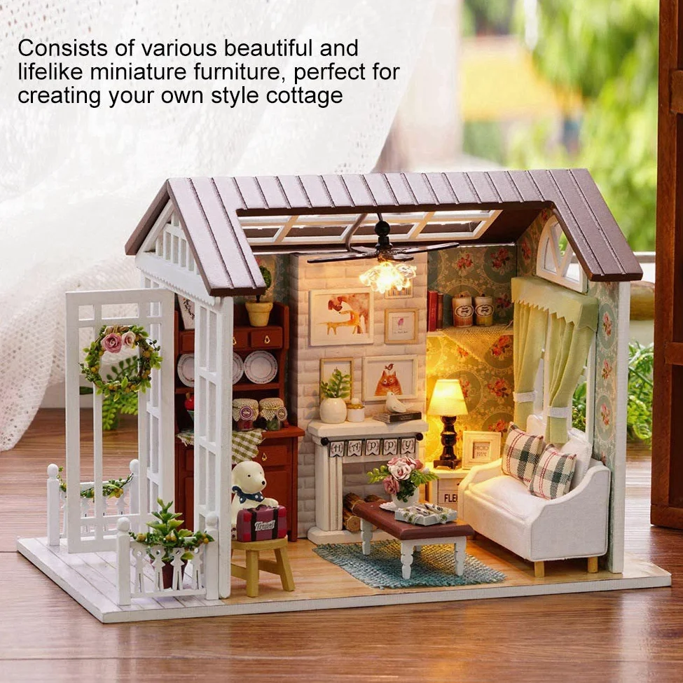 Kit case in miniatura fai-da-te, 2 pezzi Elegante lampada a LED Kit di costruzione di mini case fai-da-te Kit di mini case in legno per adulti, famiglia e amici