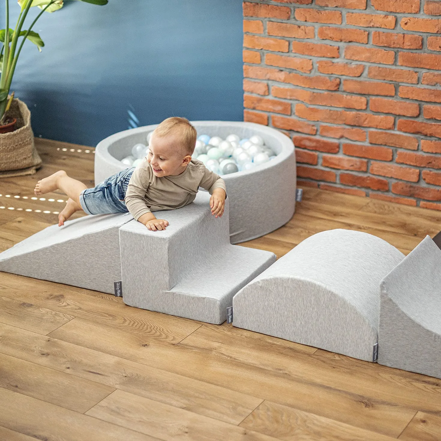 KiddyMoon Area di Gioco in Schiuma con Tondo Piscina di Palline (300 Palline) per Bambini, Grigioch:Grigio/Bianco/Turchese