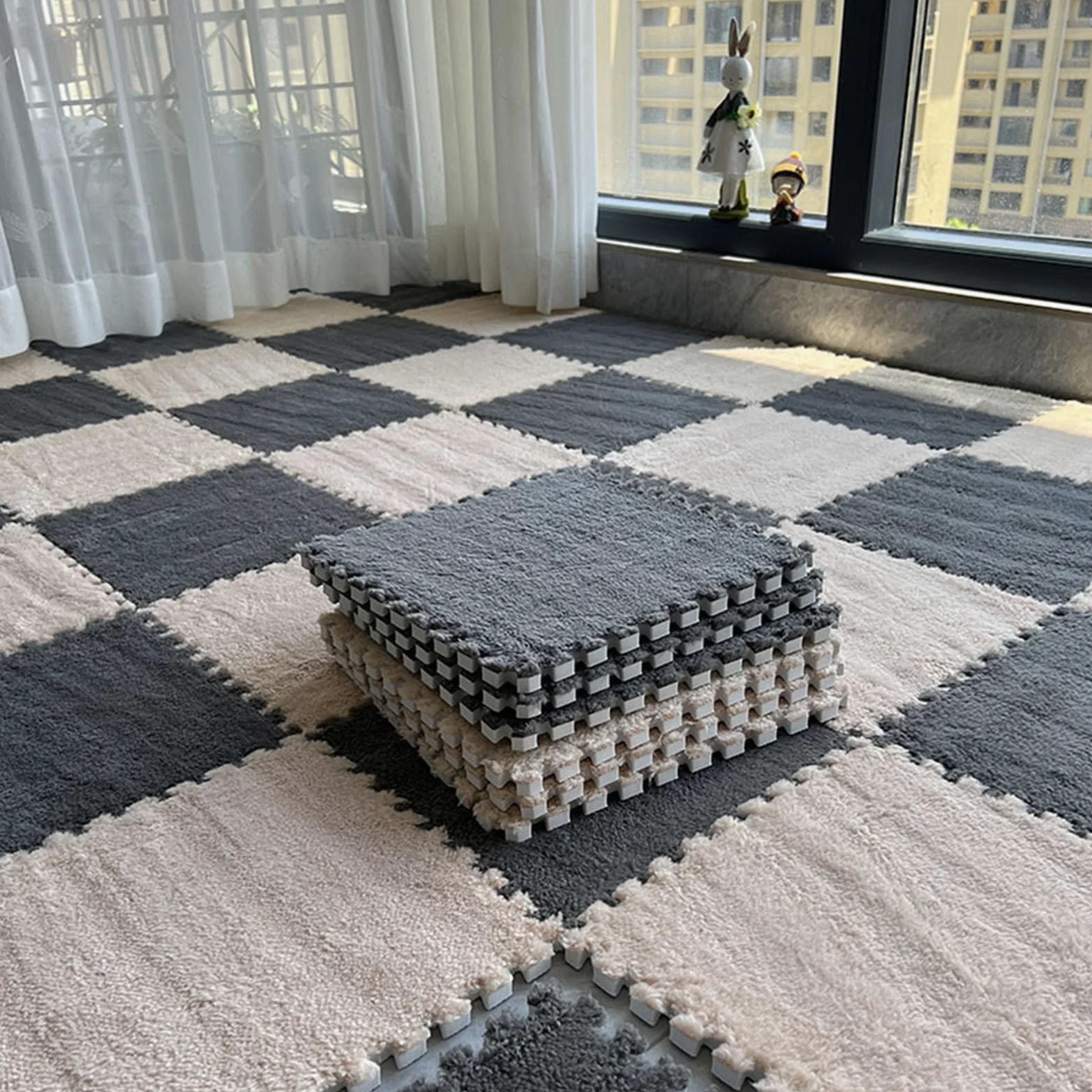 Tappeto ad Incastro Splice 16 tappetini Quadrati in Schiuma di Peluche, tappetini Quadrati in Schiuma ad Incastro Puzzle per la Decorazione del Pavimento della casa tappe,Gray+Apricot