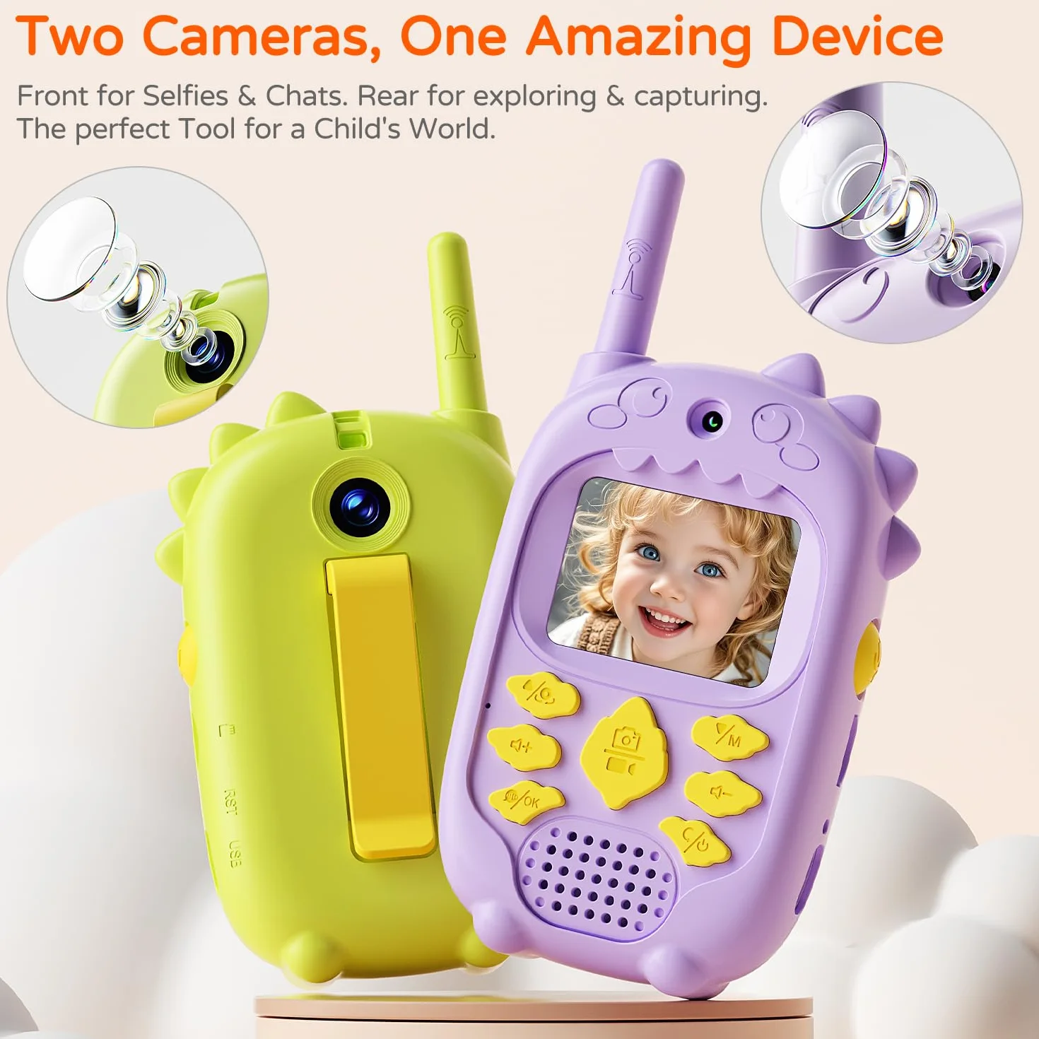 Walkie Talkie Video a Doppia Fotocamera per Bambini 3-12 Anni, Set da 2 con Fotocamera Anteriore e Posteriore, Ricaricabile