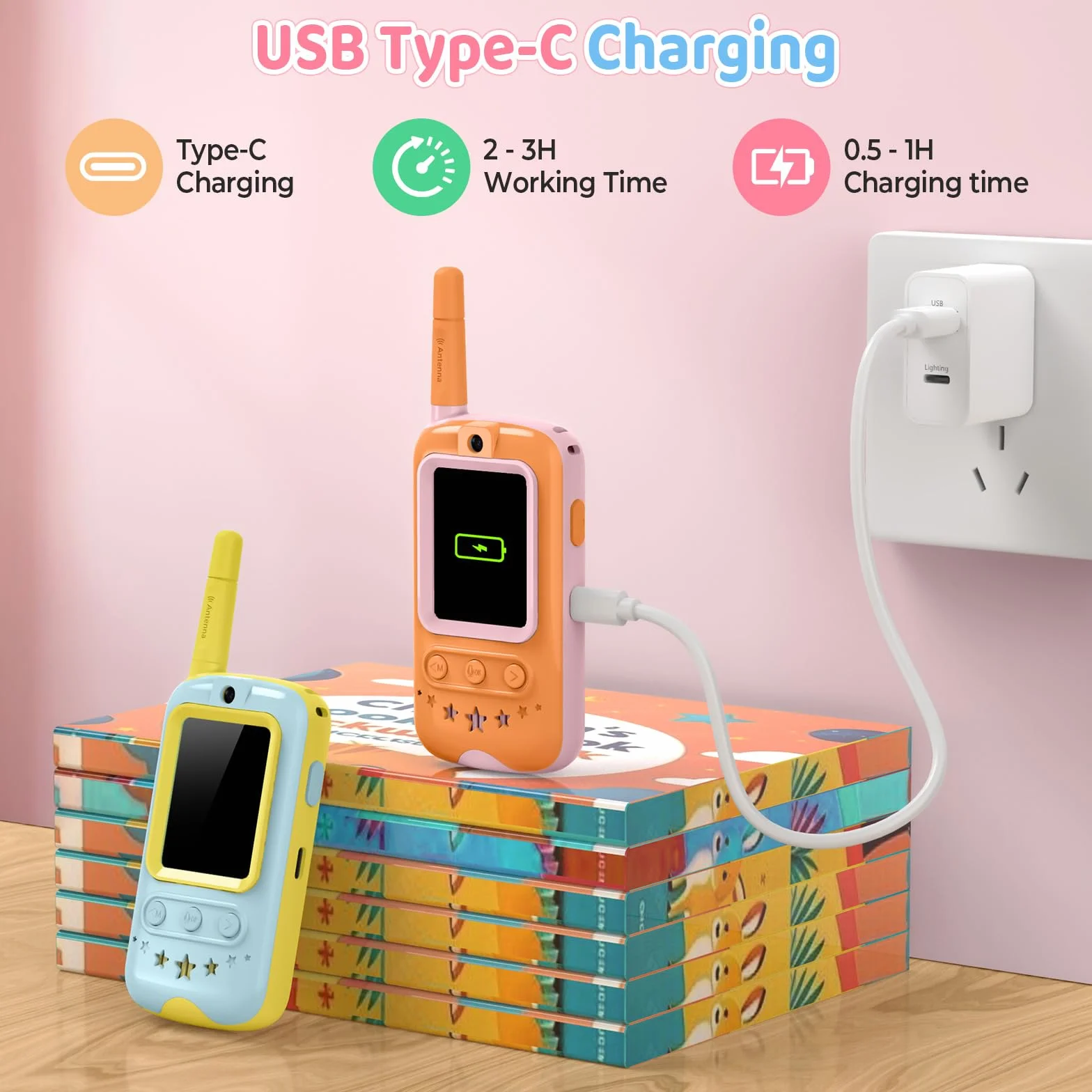 Walkie Talkie Bambini con Videocamera HD e Cambia Voce, Gioco Interattivo, Giallo + Arancione