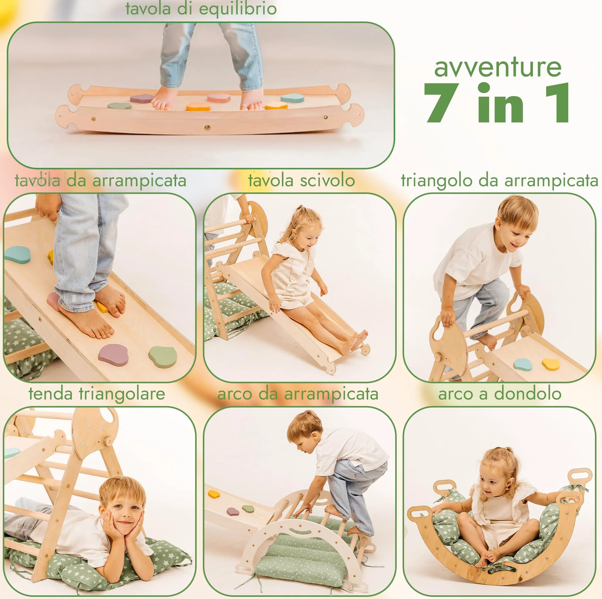 Goodevas Montessori 5 in 1 - Set da Arrampicata in Legno per Interni, con Cuscino Verde e Scivolo per Bambini, Parco Giochi da 1 a 3 Anni, Beige