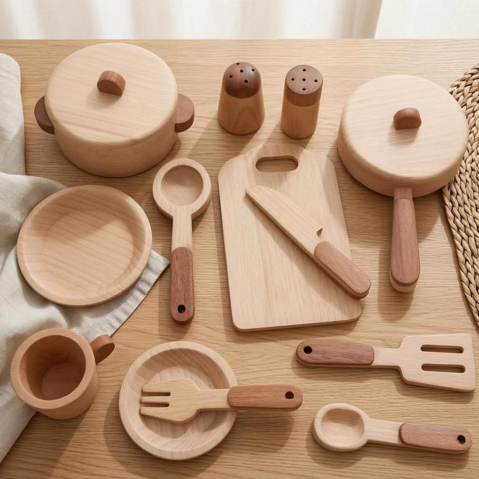 Gralara 15 Pieces Accessori Cucina Giocattolo Bordi Arrotondati Set Picnic in Legno Venatura Chiara