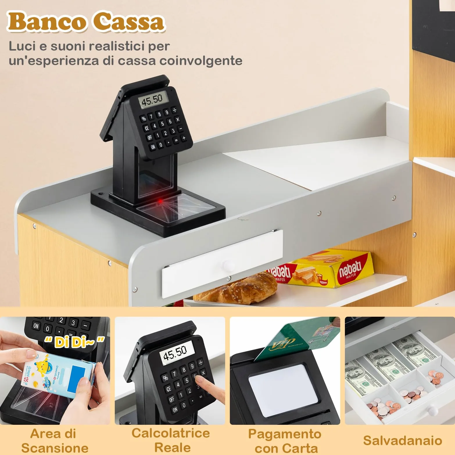COSTWAY Set da Gioco da Supermercato, Banco di Mercato per Bambini in Legno con Carrello della Spesa, 2 Lavagne e Registratore di Cassa, Scaffali Espositivi, per Bambini 3+ Anni