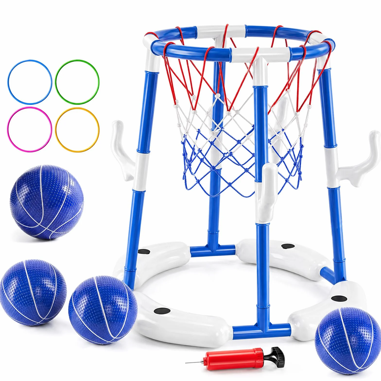Cestino da basket gonfiabile per piscina con 4 grandi palline, pompa e adesivi, ideale per adulti per divertirsi in acqua