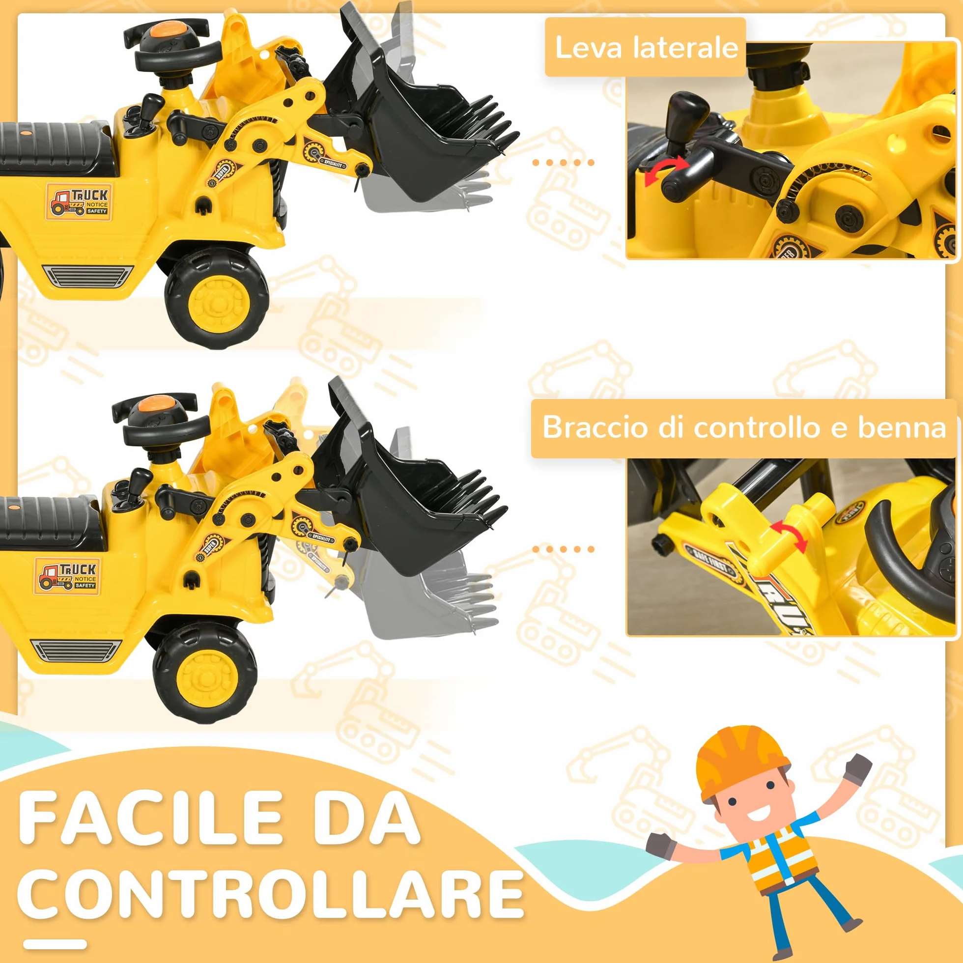 HOMCOM Escavatore per Bambini con Benna, PP e ABS, 80x26.5x39 cm, Giallo e Nero