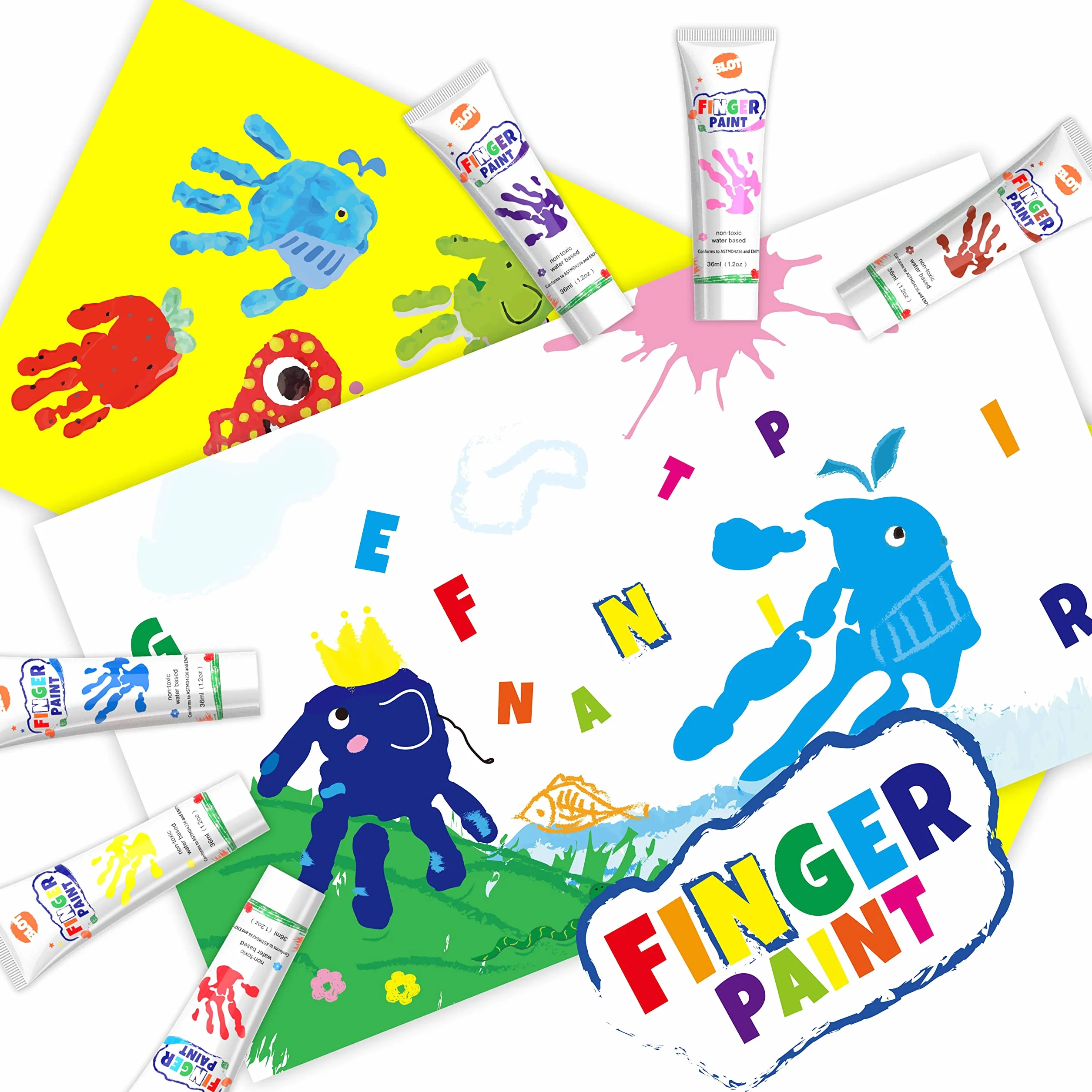 BLOT Colori a Dita Lavabile 10 Colori 36ml Set di Pittura per Bambini Atossico Pittura a Dita per Bambini Neonati Dipingere Arti e Mestieri