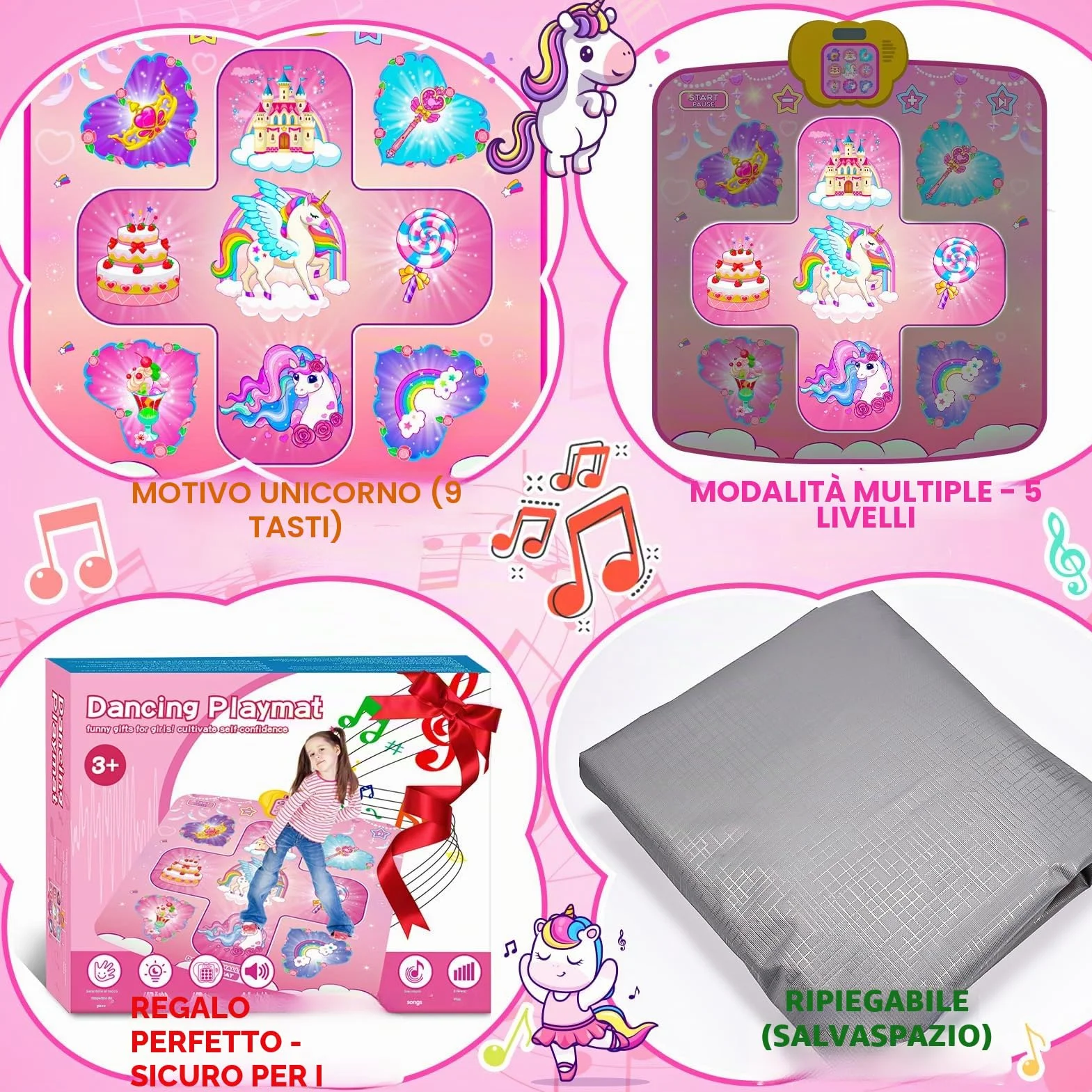 Tappetino da Ballo Unicorno per Bambine 2-6 Anni, Giocattolo Danza 5 Livelli, Regalo Compleanno Natale
