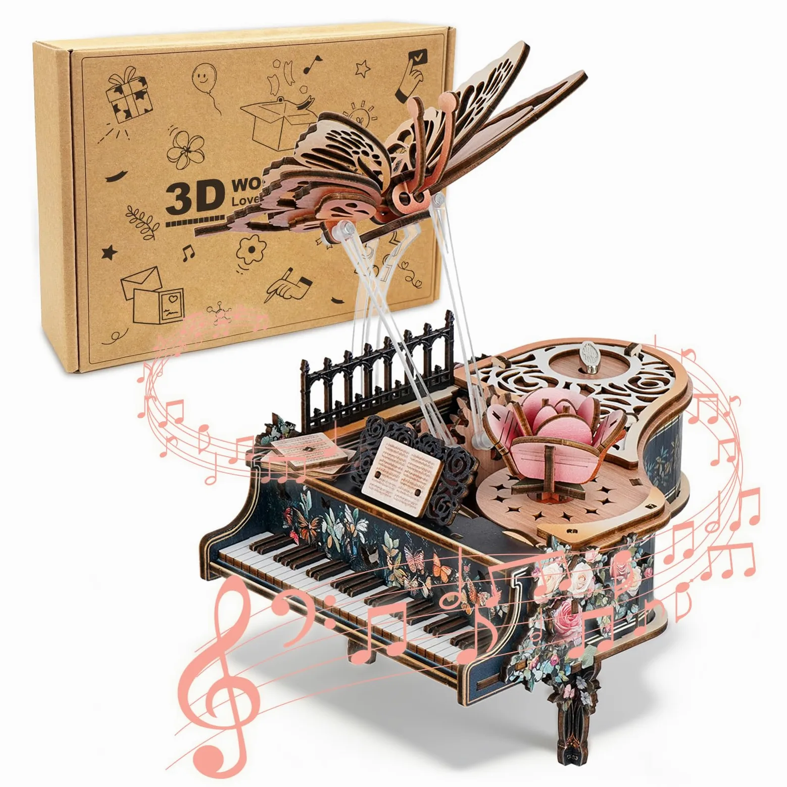 Puzzle 3D in legno per adulti, farfalle e fiori, meccanismo puzzle 3D, kit di modellismo per adulti, regalo creativo per donne e uomini