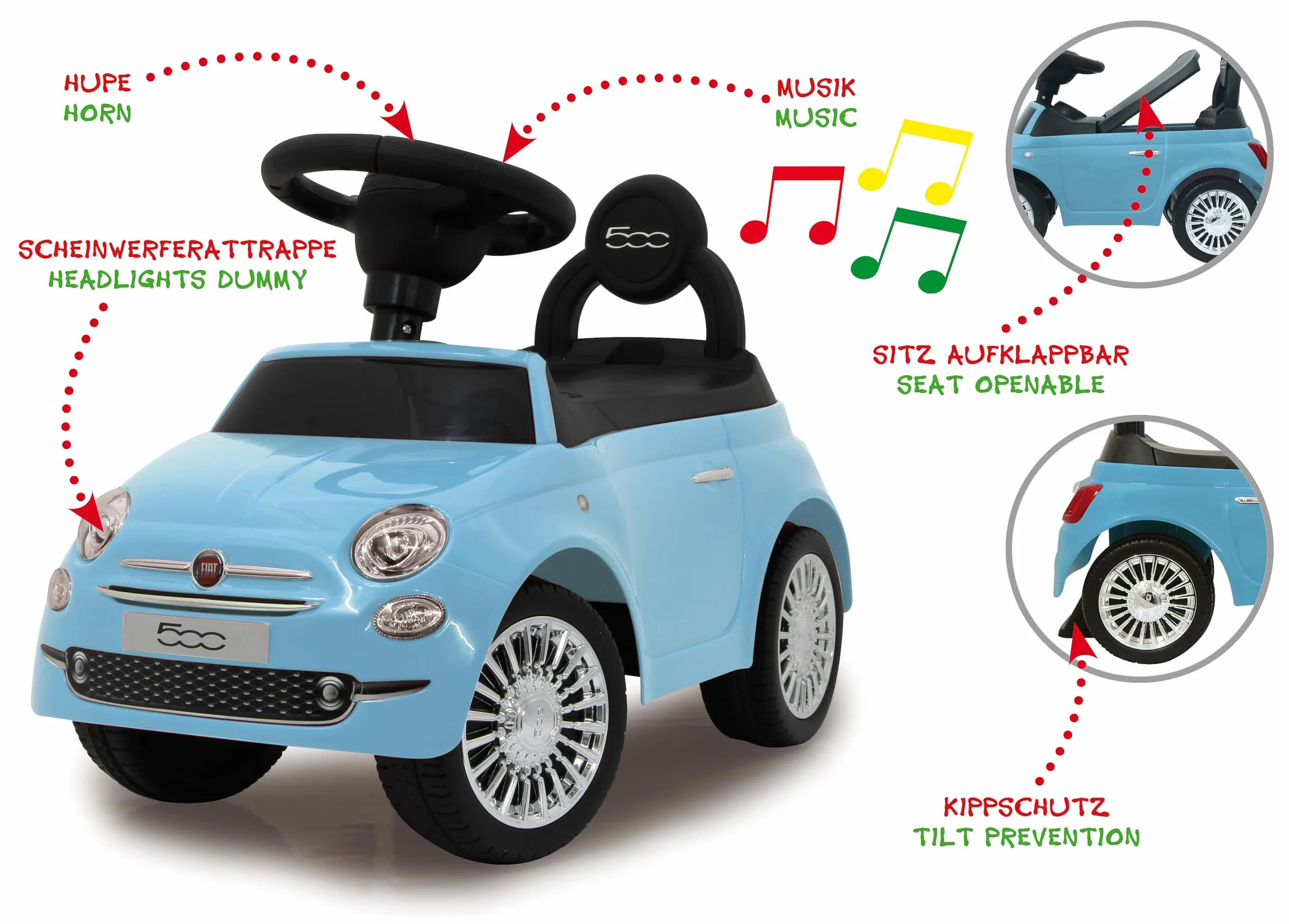 Jamara Push-Car Fiat 500 blu z bagażnikiem pod siedzeniem i klaksonem