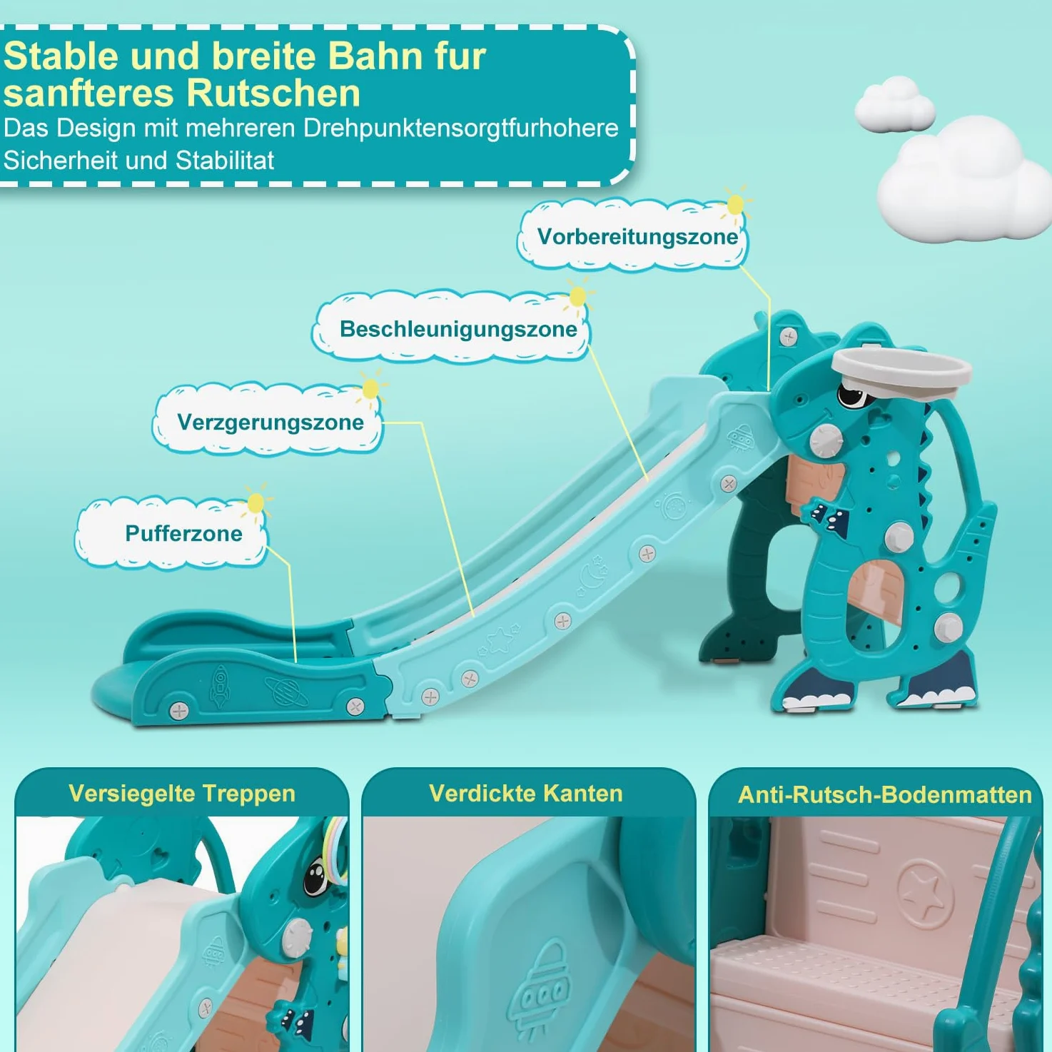 Scivolo per bambini 4 in 1 – con Cestino da basket & Giochi educativi, Scivolo pieghevole per interni ed esterni, da 1 a 3 anni, Verde