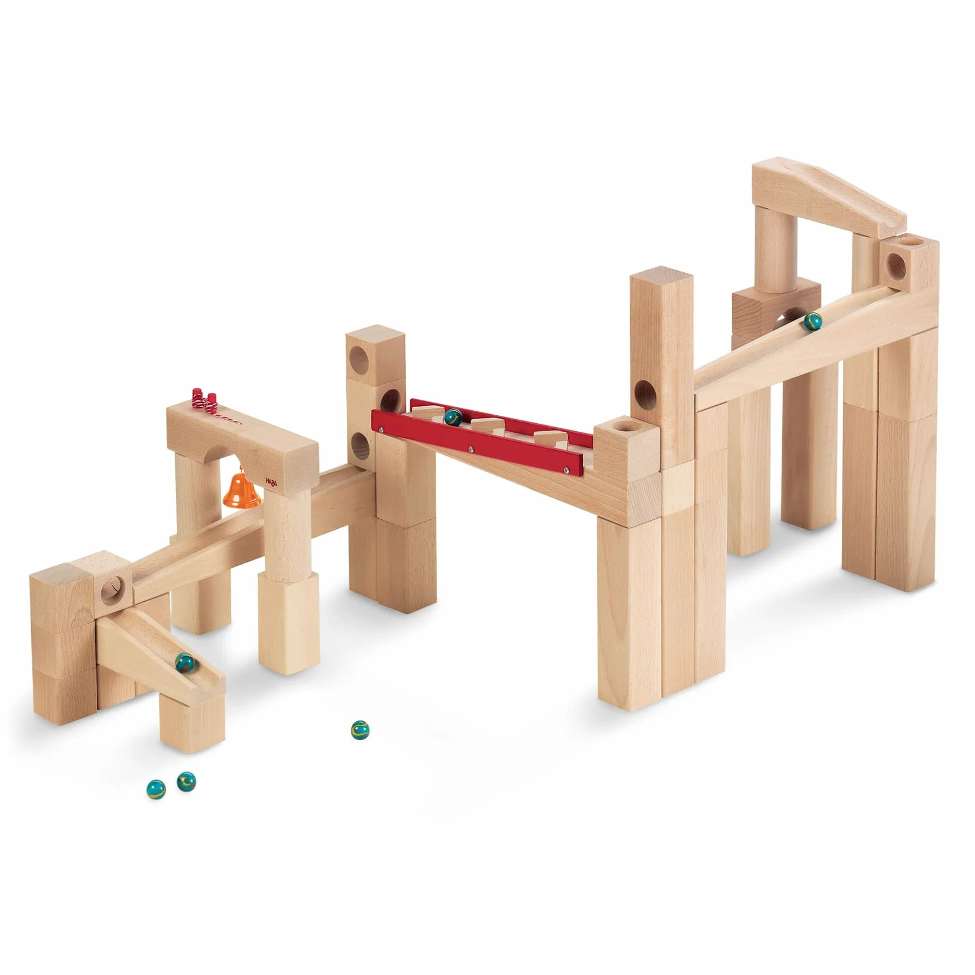 HABA 1136 Ball Track – Large basic pack- Large construction set with 42 beechwood pieces. Includes 6 glass marbles and a little bell. For ages 4 and Up (Made in Germany)