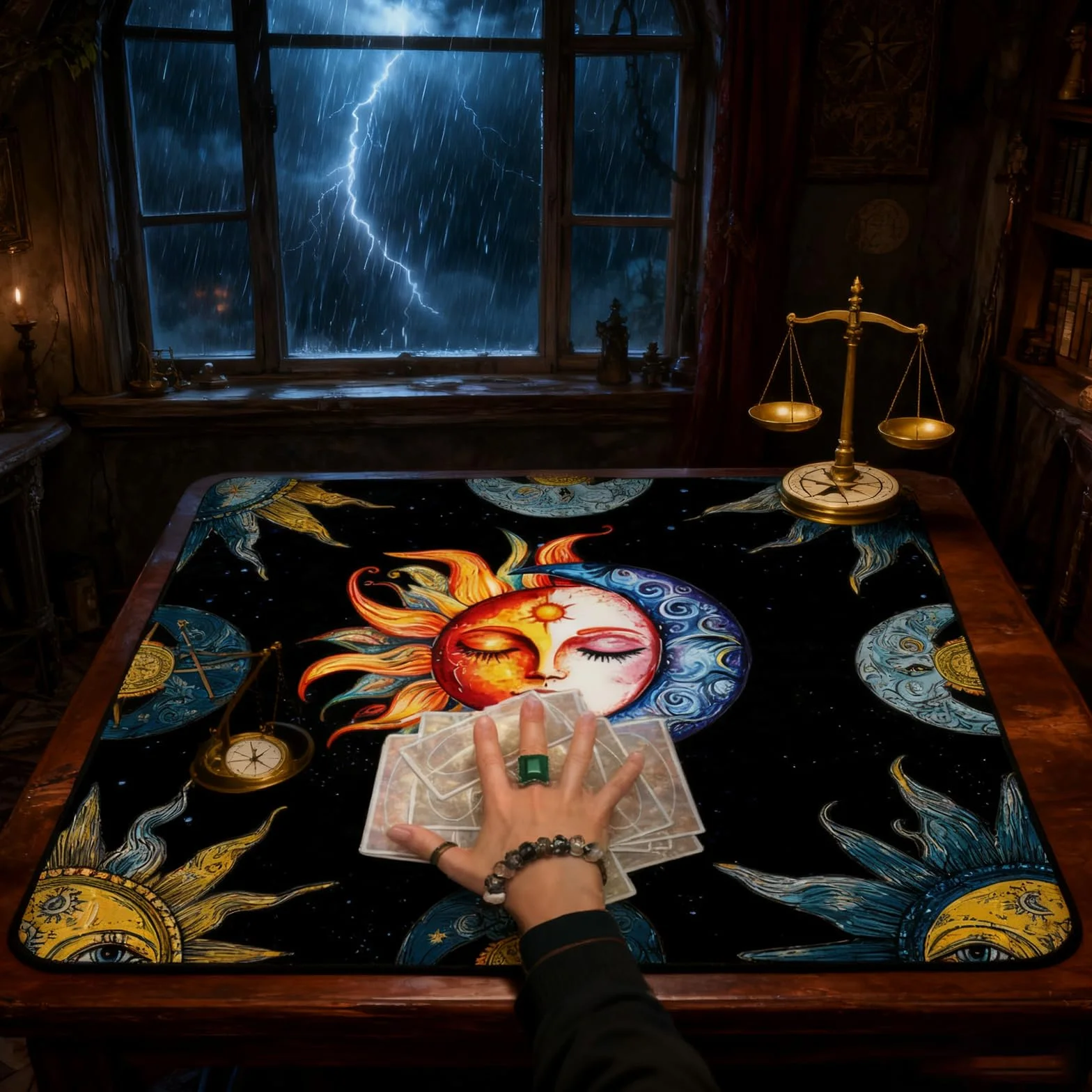 Mantello per Carte dei Tarocchi Nero con Simboli della Luna e del Sole, Tappetino da Lettura per Divinazione