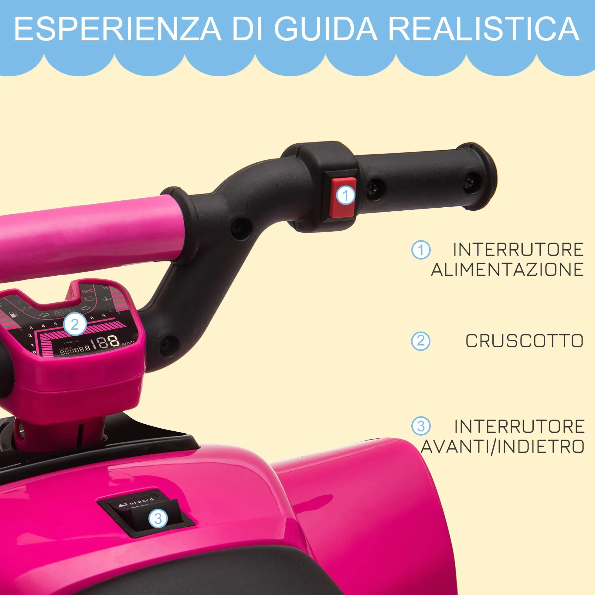 HOMCOM Quad Elettrico per Bambini da 18-36Mesi con Batteria Ricaricabile 6V, Velocità 2.8-4.6km/h, Funzione Avanti e Indietro, 72x40x45.5cm, Rosa