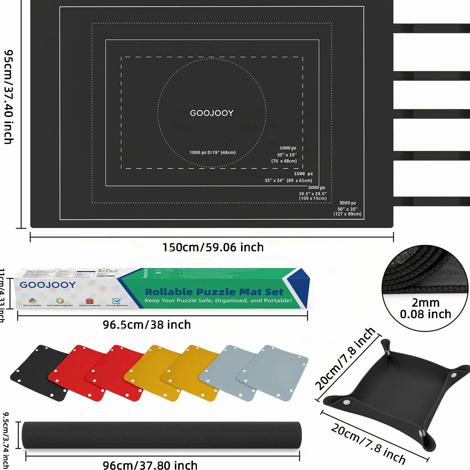 Tappeto per Puzzle Fino a 3000 Pezzi con Base in Gomma Antiscivolo - 150 x 95cm per 1000/1500/2000 e 3000 Pezzi, Design Arrotolabile in Secondi, Completto di 8 Vassoi e Borsa