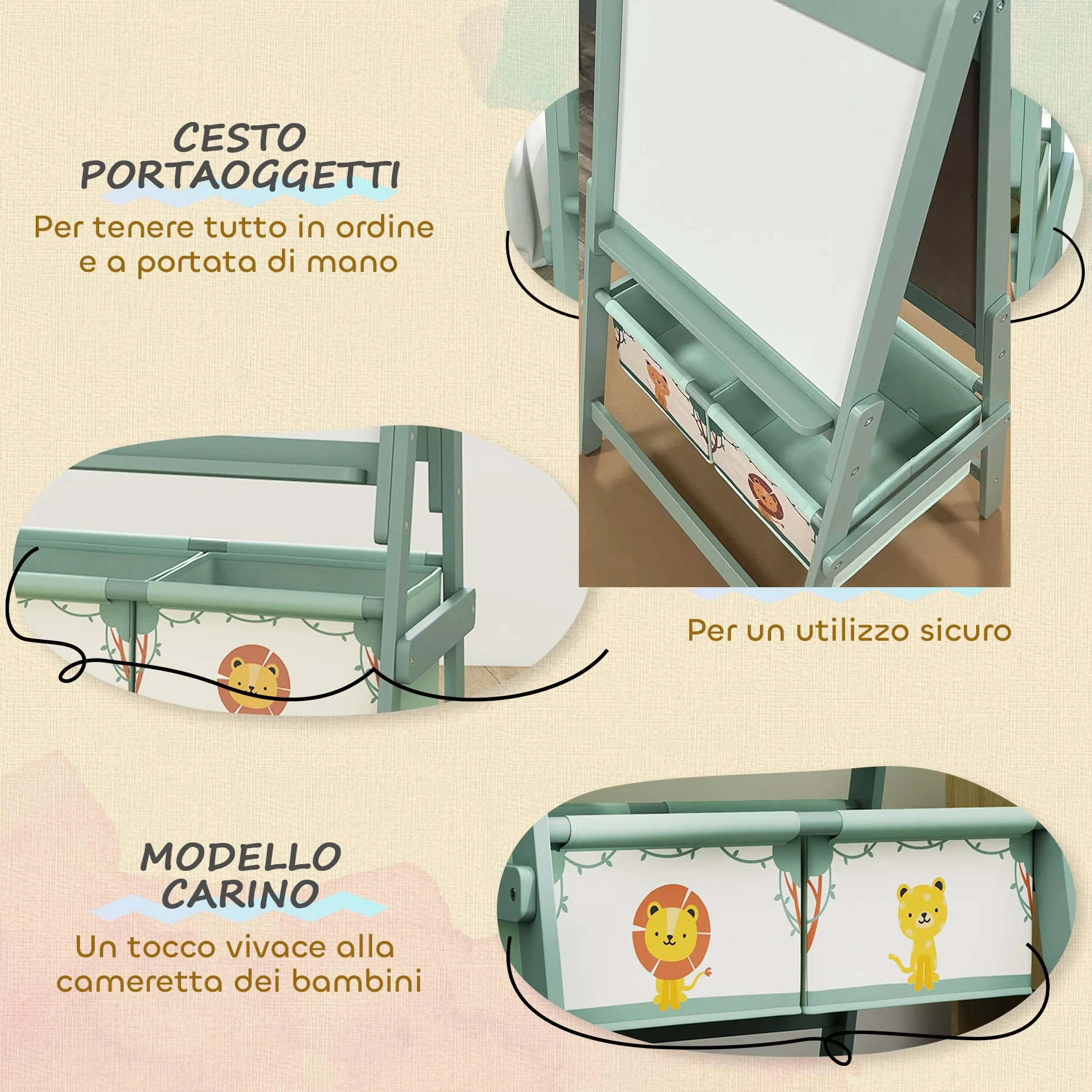 AIYAPLAY Lavagna per Bambini 3 in 1 con Rotolo di Carta e Cestelli Portaoggetti, Cavalletto in Legno di Pino e MDF, 54x46x94 cm, Verde