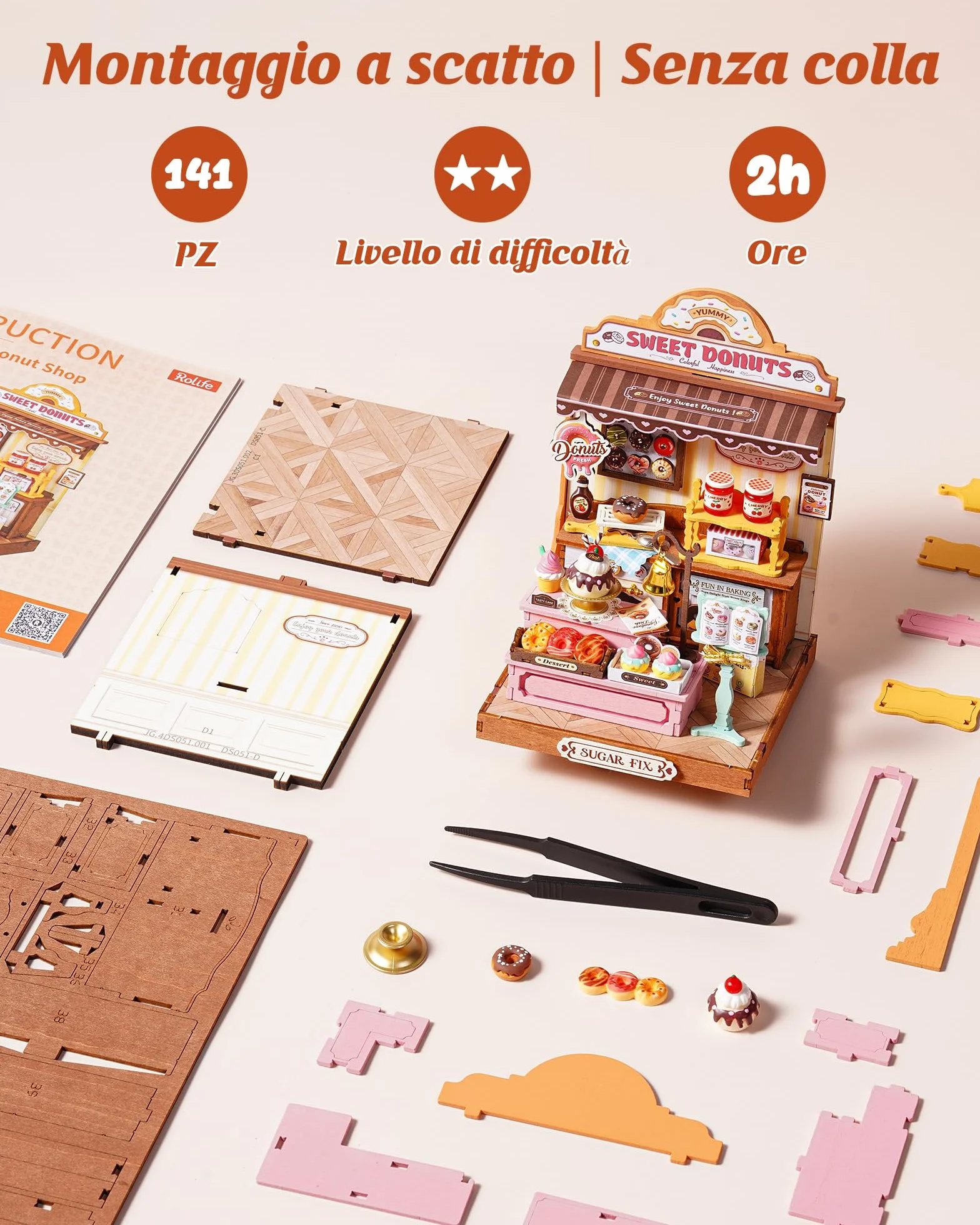 Rolife Miniature Casa Sweetie's Donut Shop, 141 pezzi Kit Casa in Miniatura DIY, Modellismo da Costruire Adulti Casa delle Bambole in Legno Puzzle 3D Nessun collante necessario