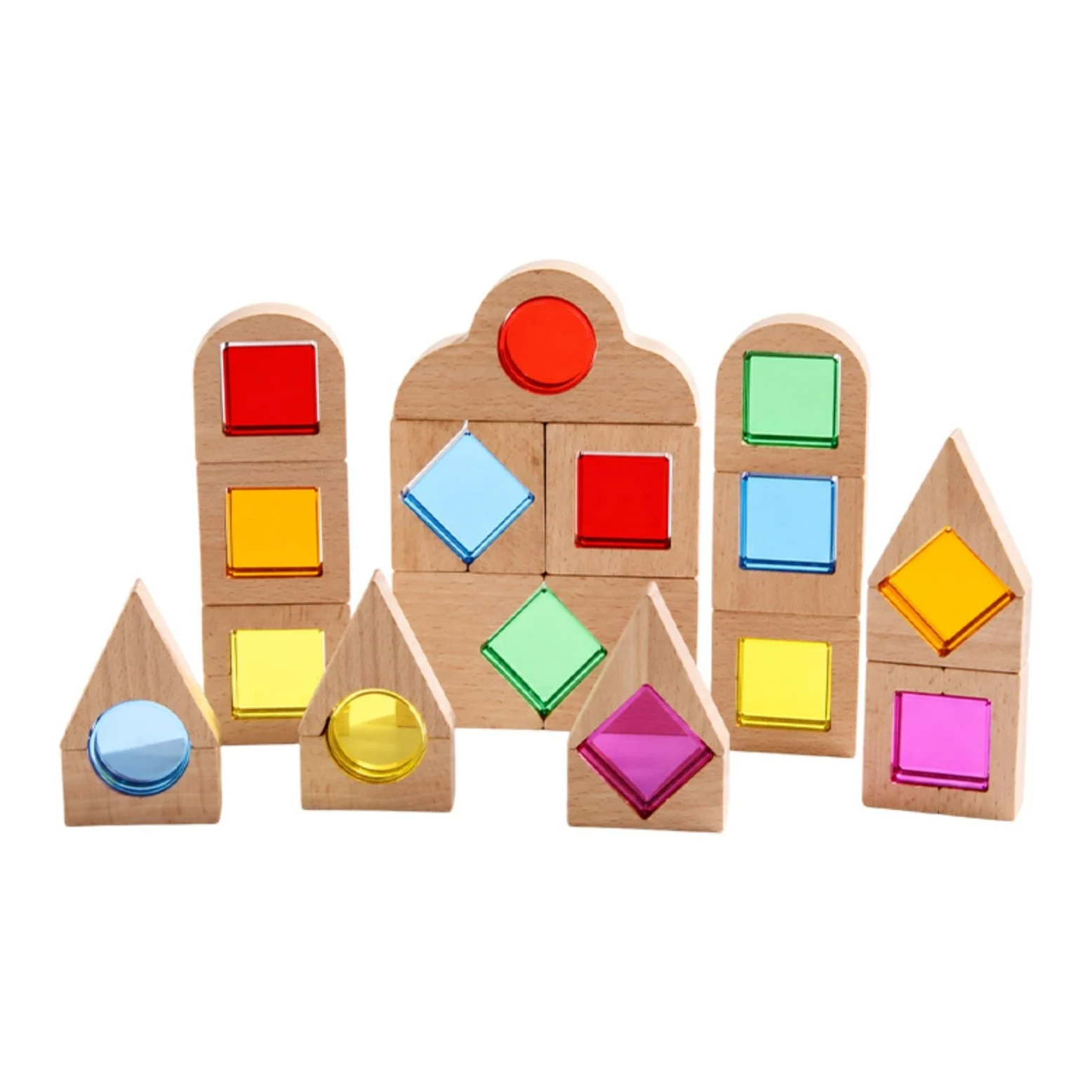 40 Pezzi Blocchi di Costruzione in Legno e Acrilico Educativi Gioco di Costruzioni con Inserti Acrilici Creativo Blocchi Legno Traslucidi per Casa