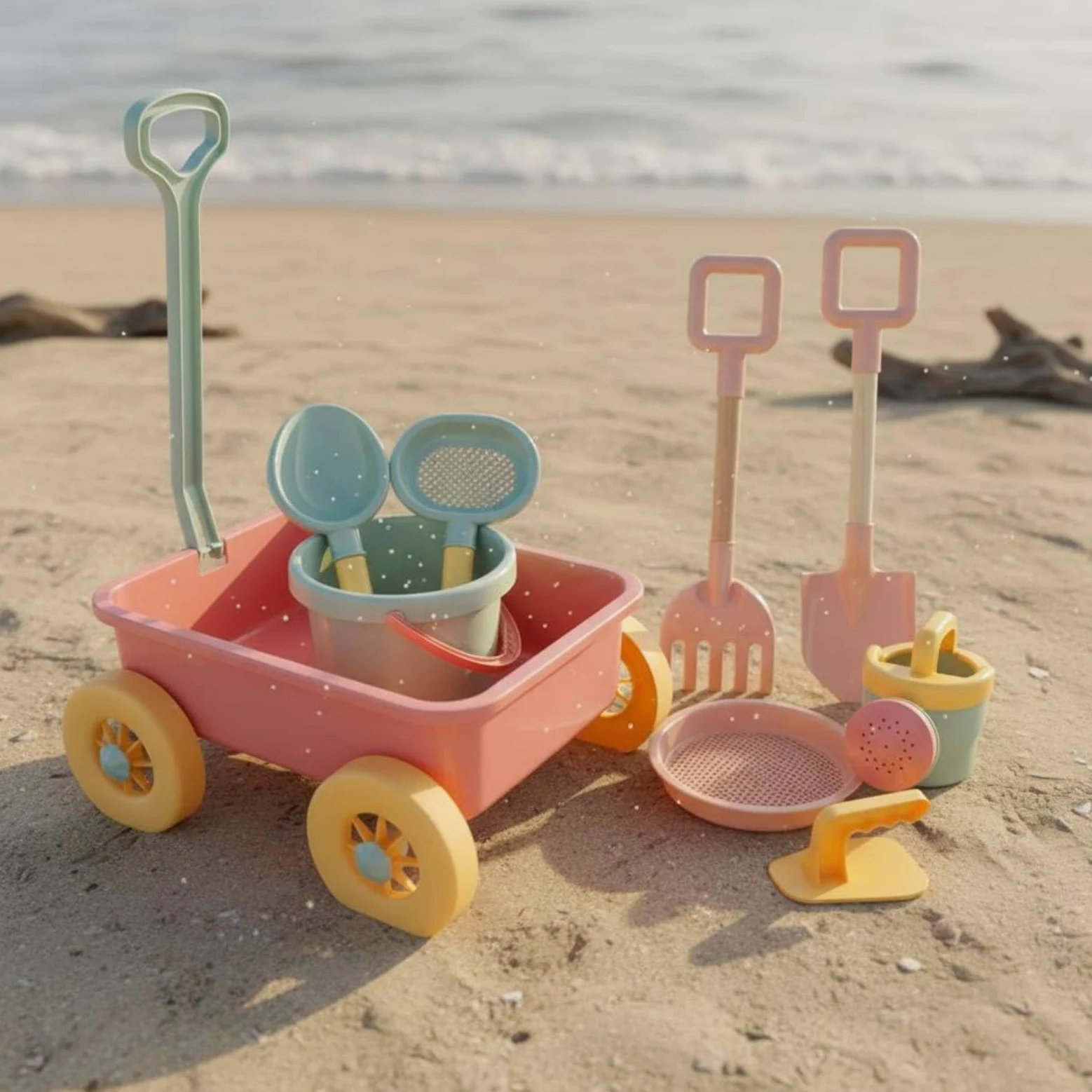 Carrello da Spiaggia per Bambini con Maniglia Trolley Giocattolo attività Sabbia Funzione Portatile Adatto a Parco Giardino Spiaggia, Rosa Ciliegia