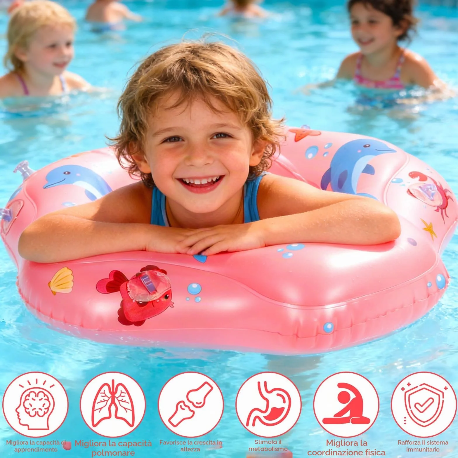Piscina Salvagente Bambini Gonfiabile, Salvagente Neonato 1-3 anni, Salvagentes Neonato con Parasole e Seggiolino di Sicurezza, Anello di Nuoto Bambini UPF50+ Protezione UV(Rosa)