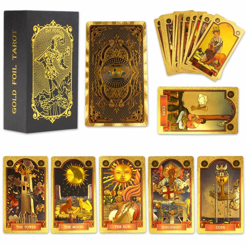 Mazzo di Carte per Tarocchi in Lamina Occhio D'oro 78+2 Pezzi, PVC Impermeabile, con Libro Guida (Inglese) per Principianti
