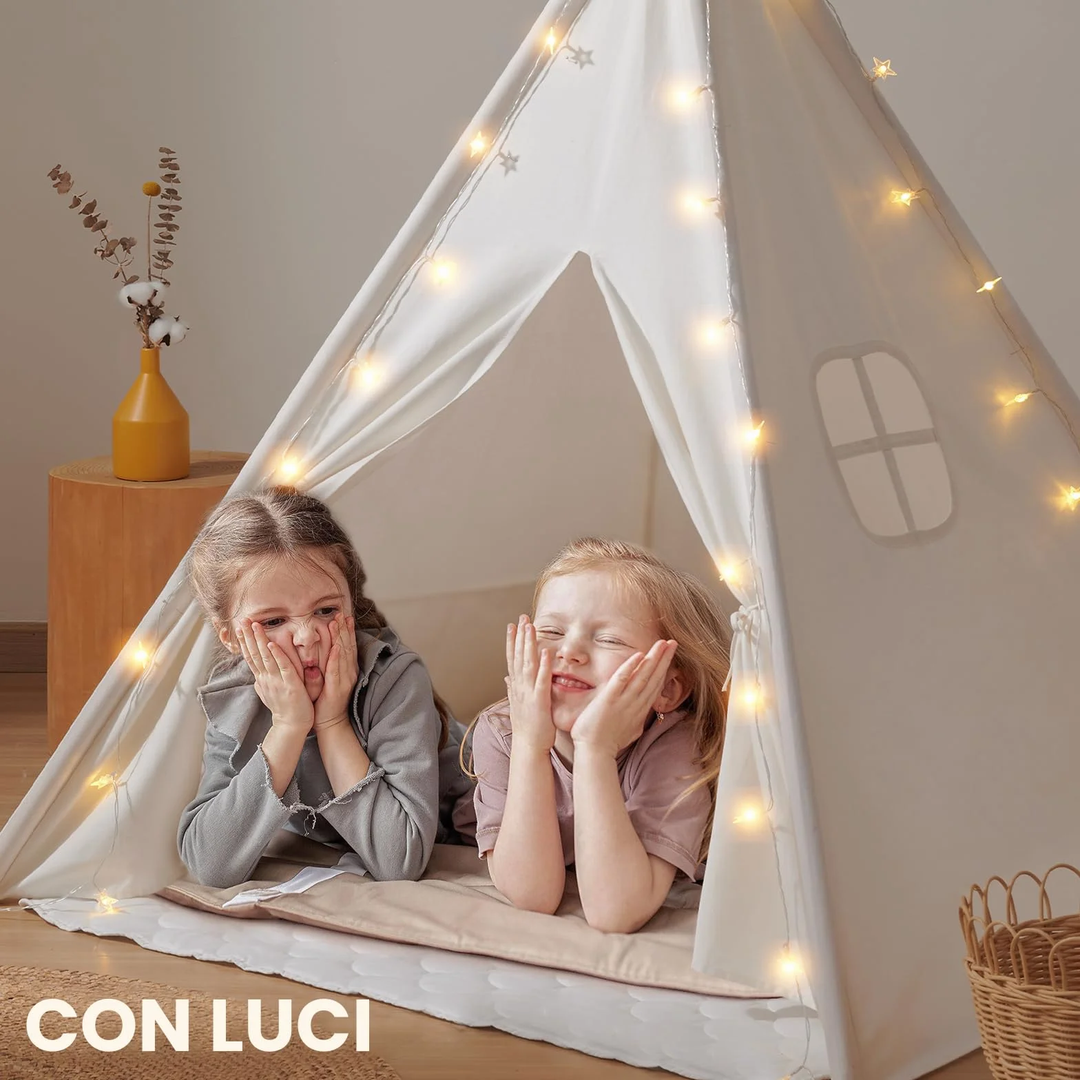 Tiny Land Tenda per Bambini con Coperta & Fata Luci & Borsa di tela - Tenda Indiana Bambini per Cameretta, Casetta Gioco Bambina & Ragazzo, Capanna Tipi Pieghevole Interno/Esterno, Regalo 3 Anni+