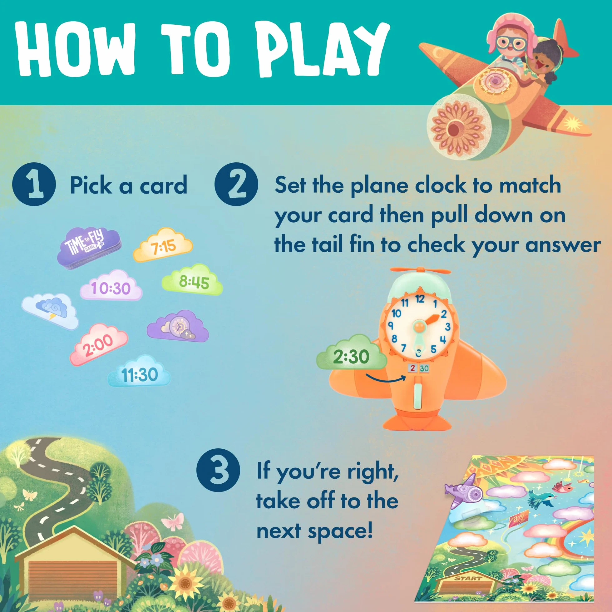 Learning Resources Gioco Orologio Tempo di Volare, Giocattoli per Bambini e Bambine di 4 Anni, Gioco per Dire Il Tempo con l'Orologio da 2 a 4 Giocatori, 62 Pezzi