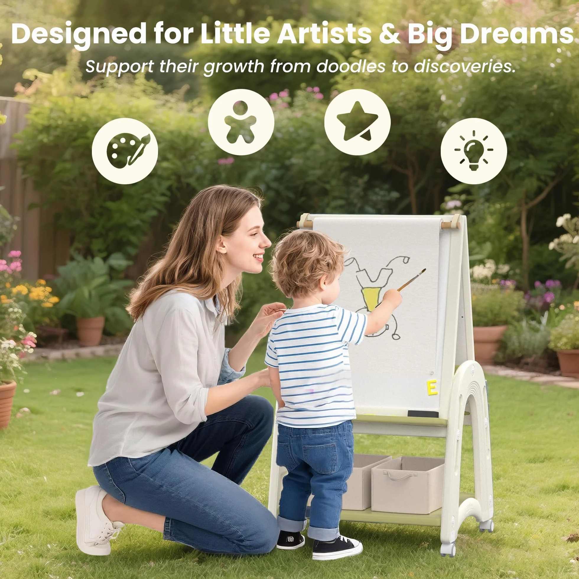 Cavalletto Artistico 3-in-1 per Bambini con Rotolo di Carta, Lavagna, Altezza Regolabile, Verde